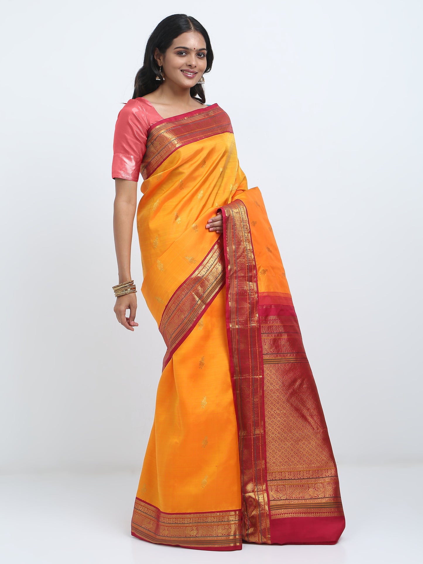 Contrast Maroon Border And Mango Body With Maroon Pallu Kanchipuram Pure Silk ( ARN 3 )