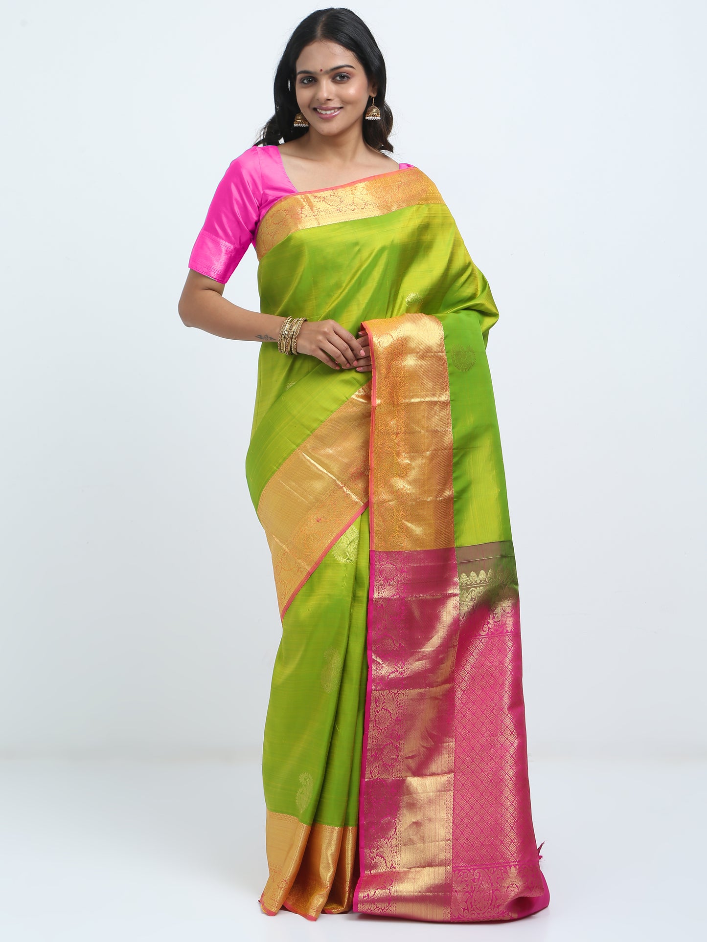 Contrast Rani Border And Vibrant Green Kanchipuram Pure Silk ( MDP-KN 1 )