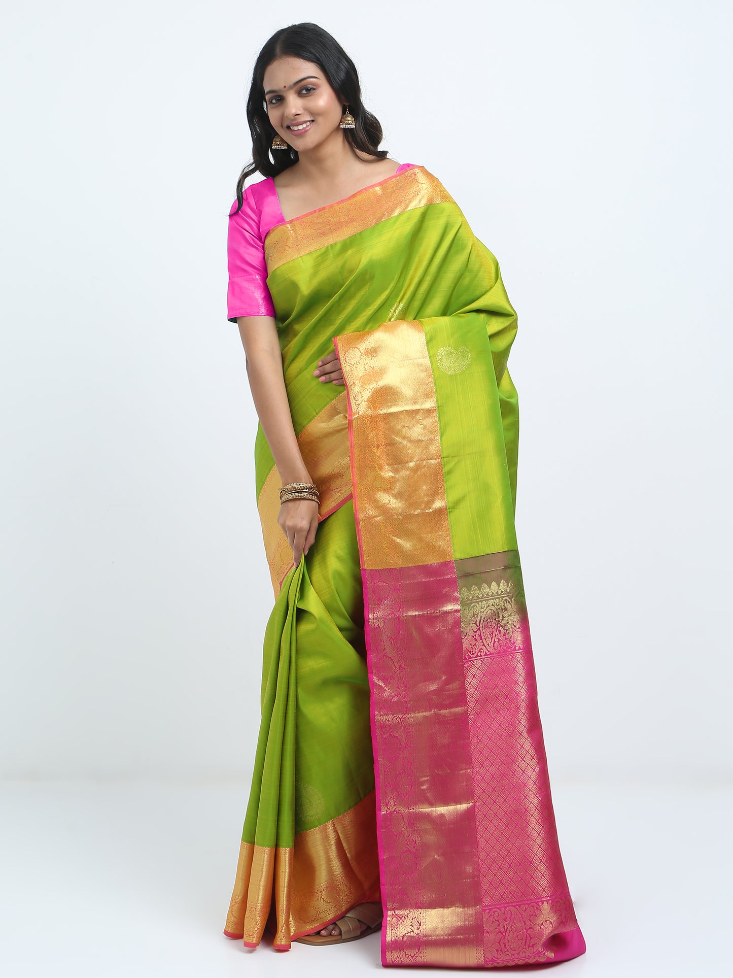 Contrast Rani Border And Vibrant Green Kanchipuram Pure Silk ( MDP-KN 1 )
