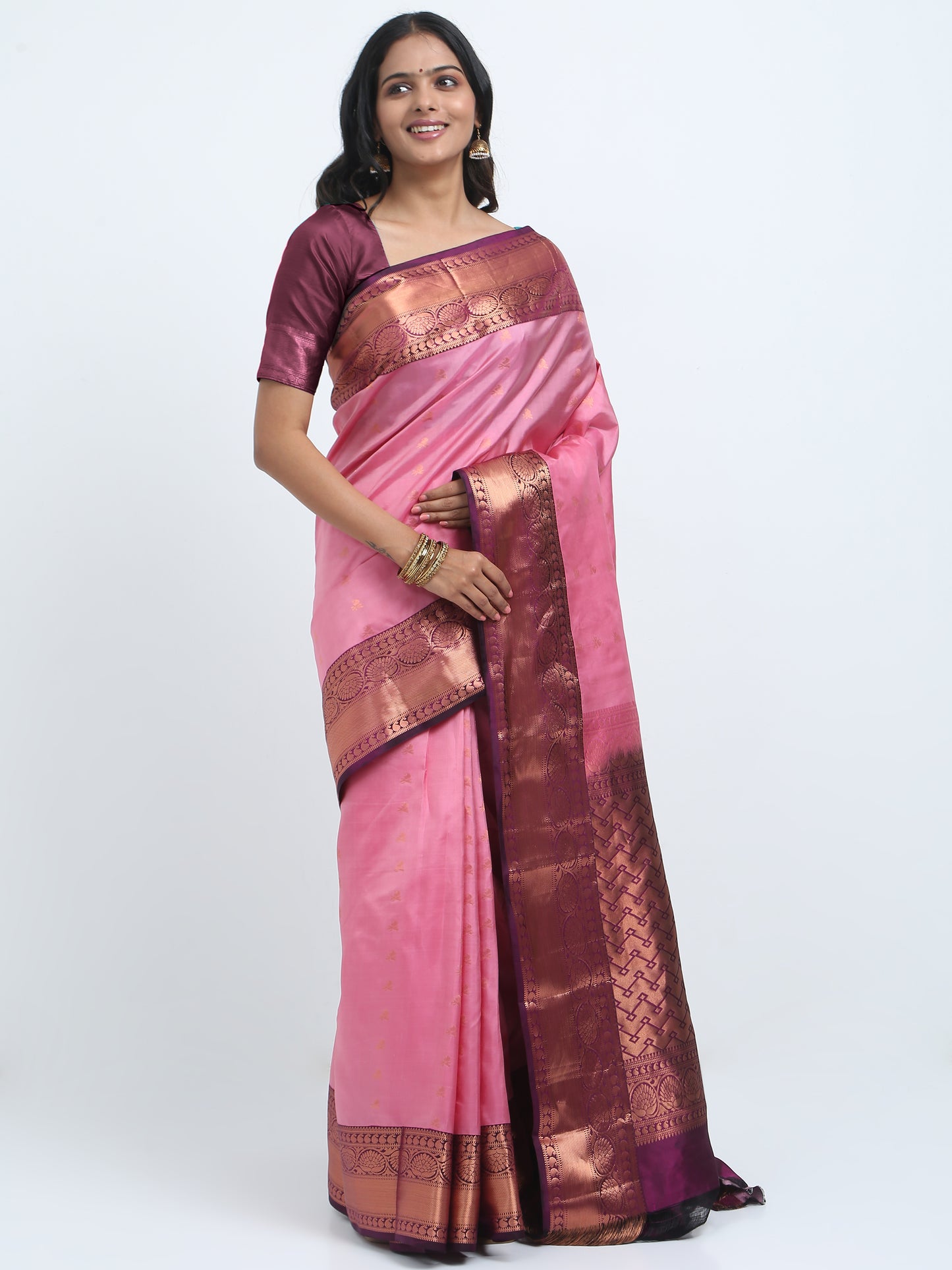 Contrast Brownish Maroon Border And Onion Pink Body With Brownish Maroon Pallu Kanchipuram Pure Silk ( SMS 26 )
