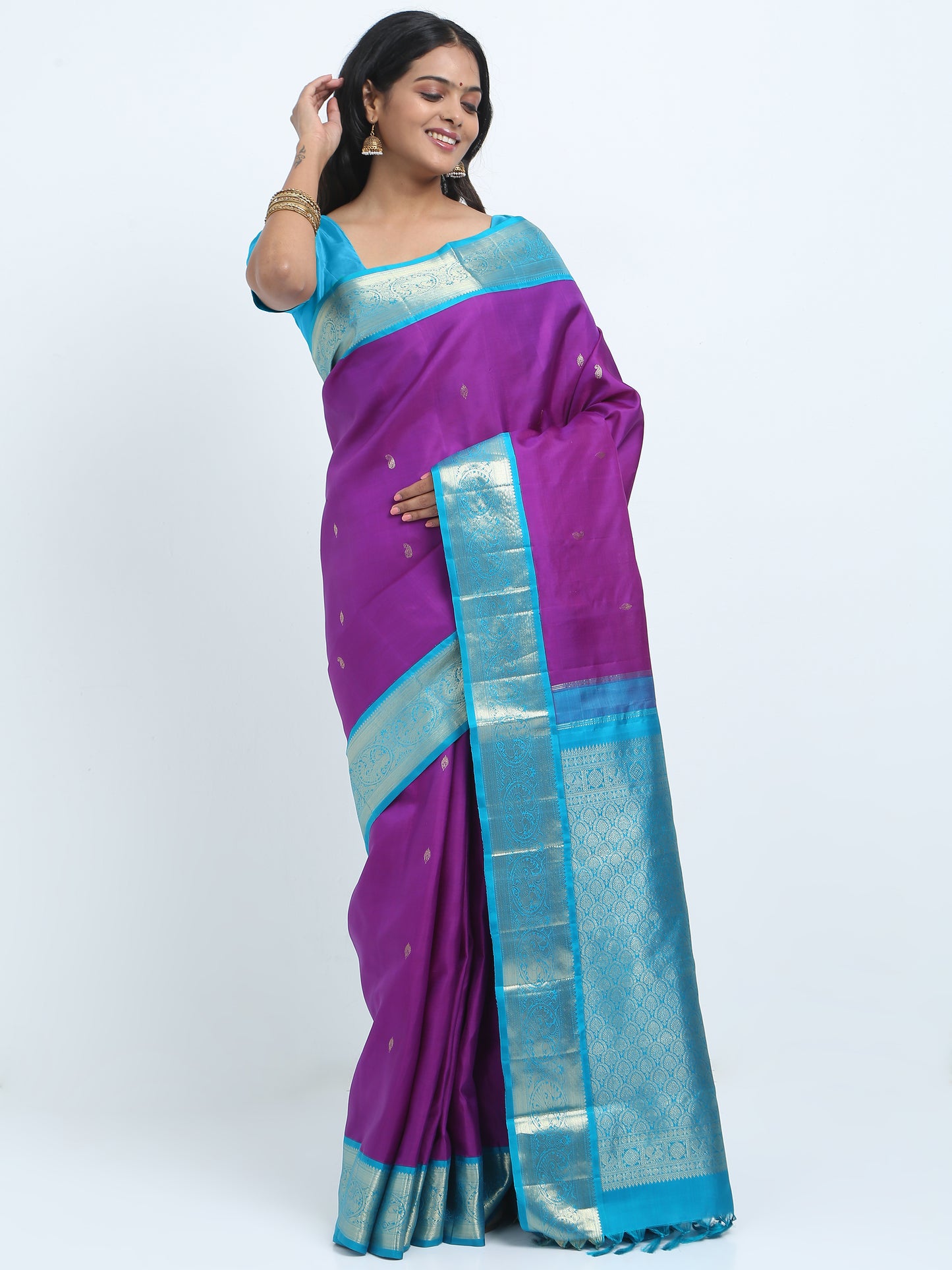 Contrast Safaire Green And Dark Purple Body With Safaire Green Pallu Kanchipuram Pure Silk ( KSK 3 )