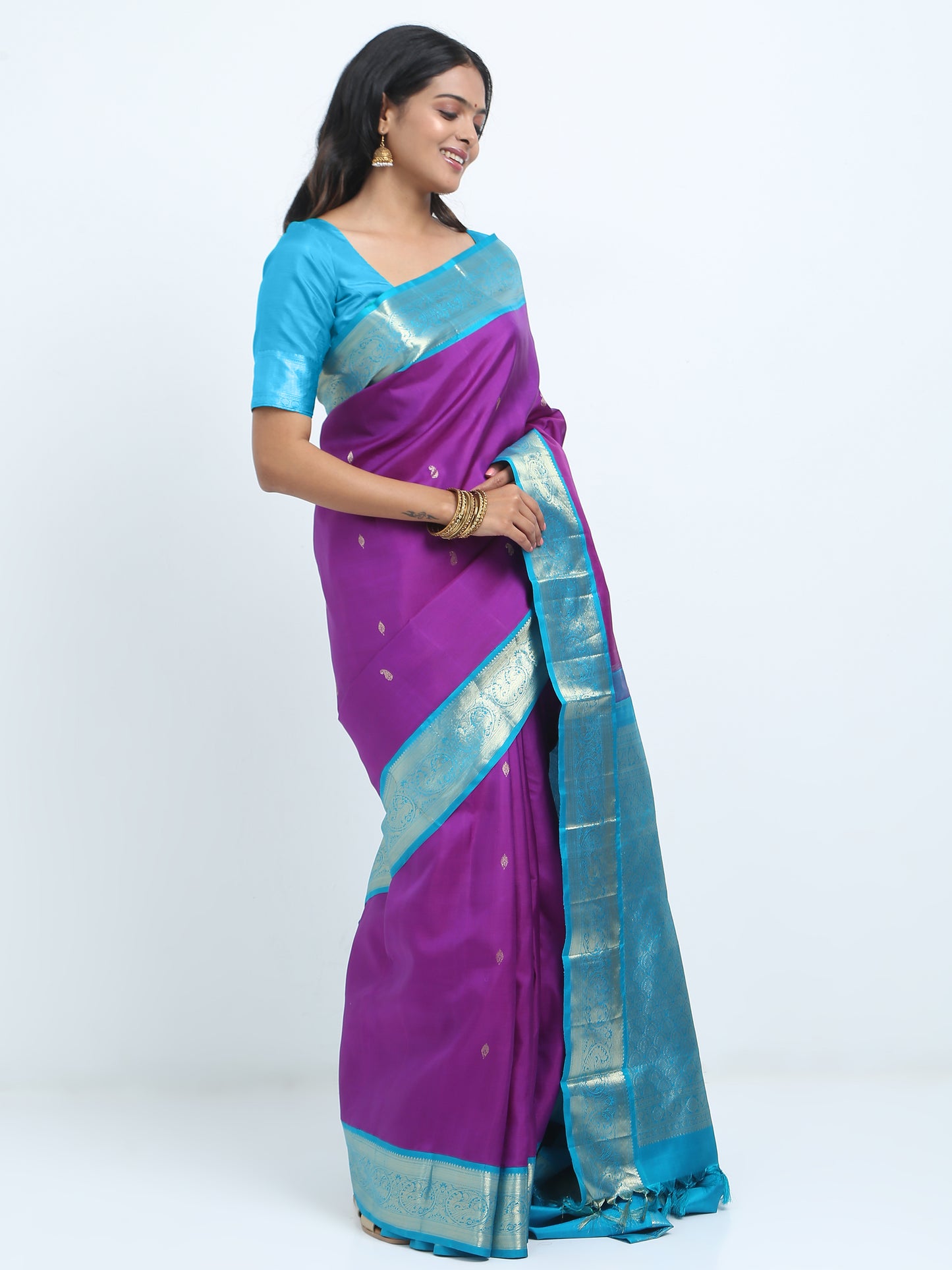 Contrast Safaire Green And Dark Purple Body With Safaire Green Pallu Kanchipuram Pure Silk ( KSK 3 )
