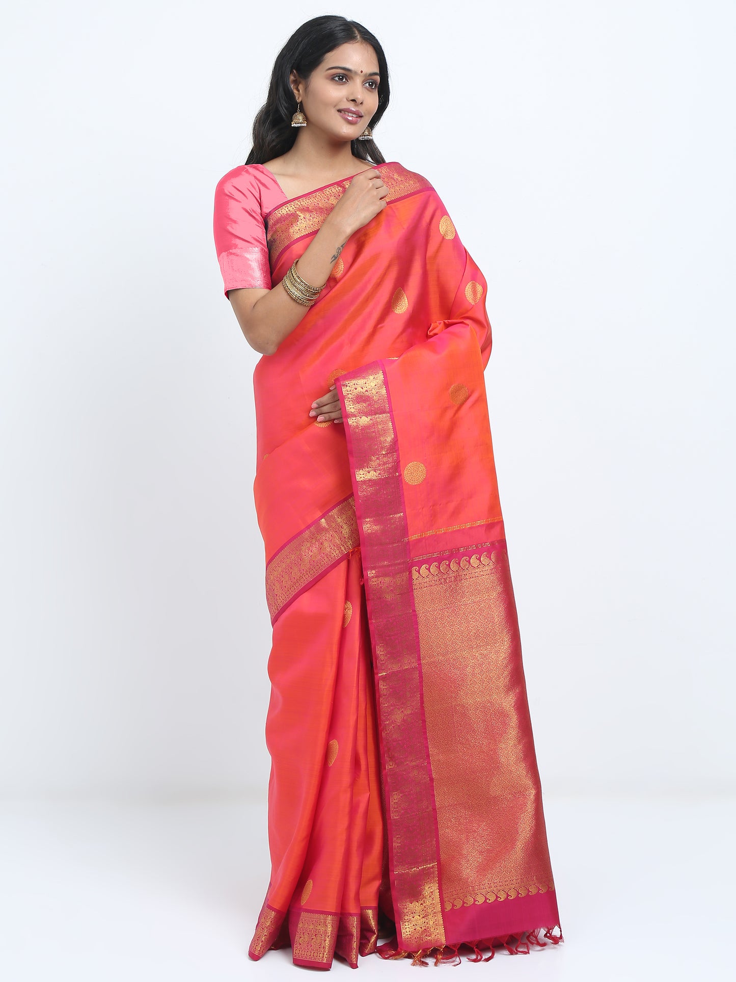 Dual Tone Contrast Reddish Maroon Border And Orange Onion Pink Body With Reddish Maroon Pallu Kanchipuram Pure Silk ( KSK 4 )