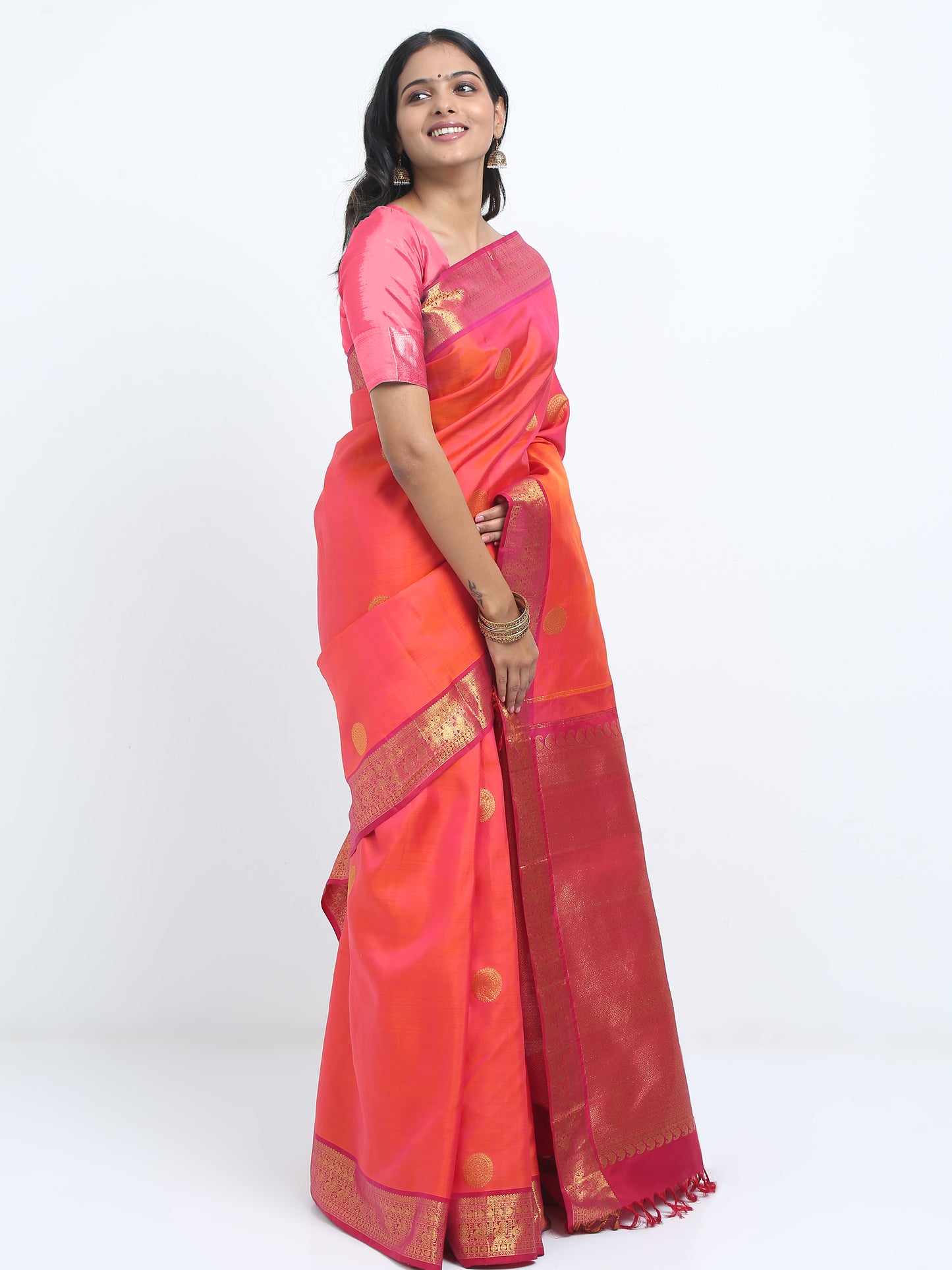 Dual Tone Contrast Reddish Maroon Border And Orange Onion Pink Body With Reddish Maroon Pallu Kanchipuram Pure Silk ( KSK 4 )