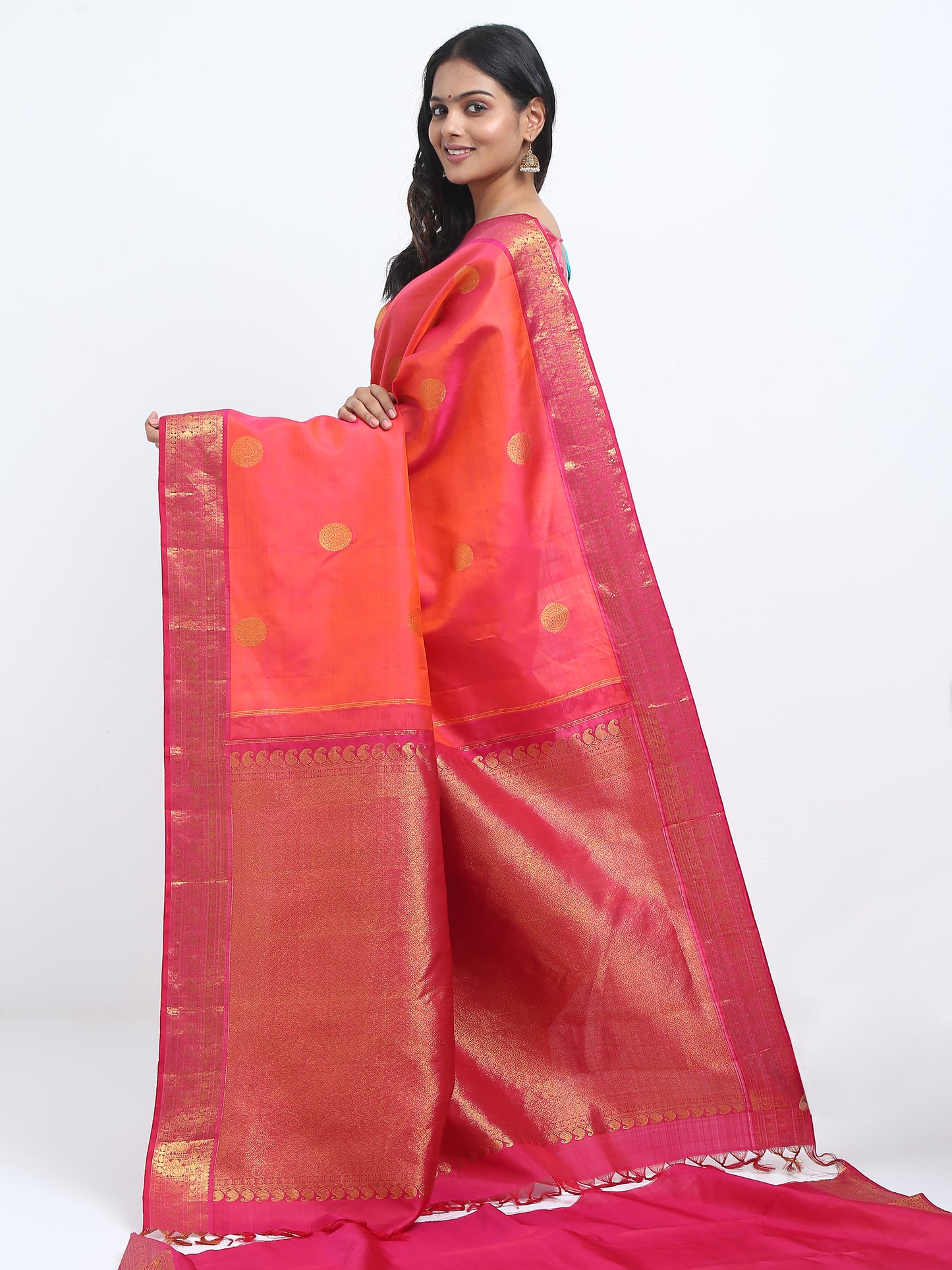 Dual Tone Contrast Reddish Maroon Border And Orange Onion Pink Body With Reddish Maroon Pallu Kanchipuram Pure Silk ( KSK 4 )