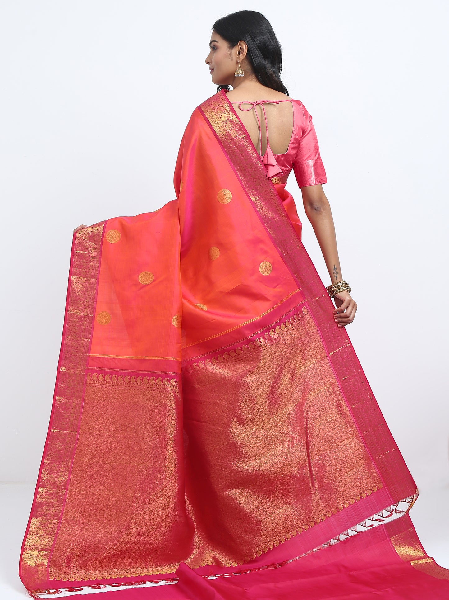 Dual Tone Contrast Reddish Maroon Border And Orange Onion Pink Body With Reddish Maroon Pallu Kanchipuram Pure Silk ( KSK 4 )