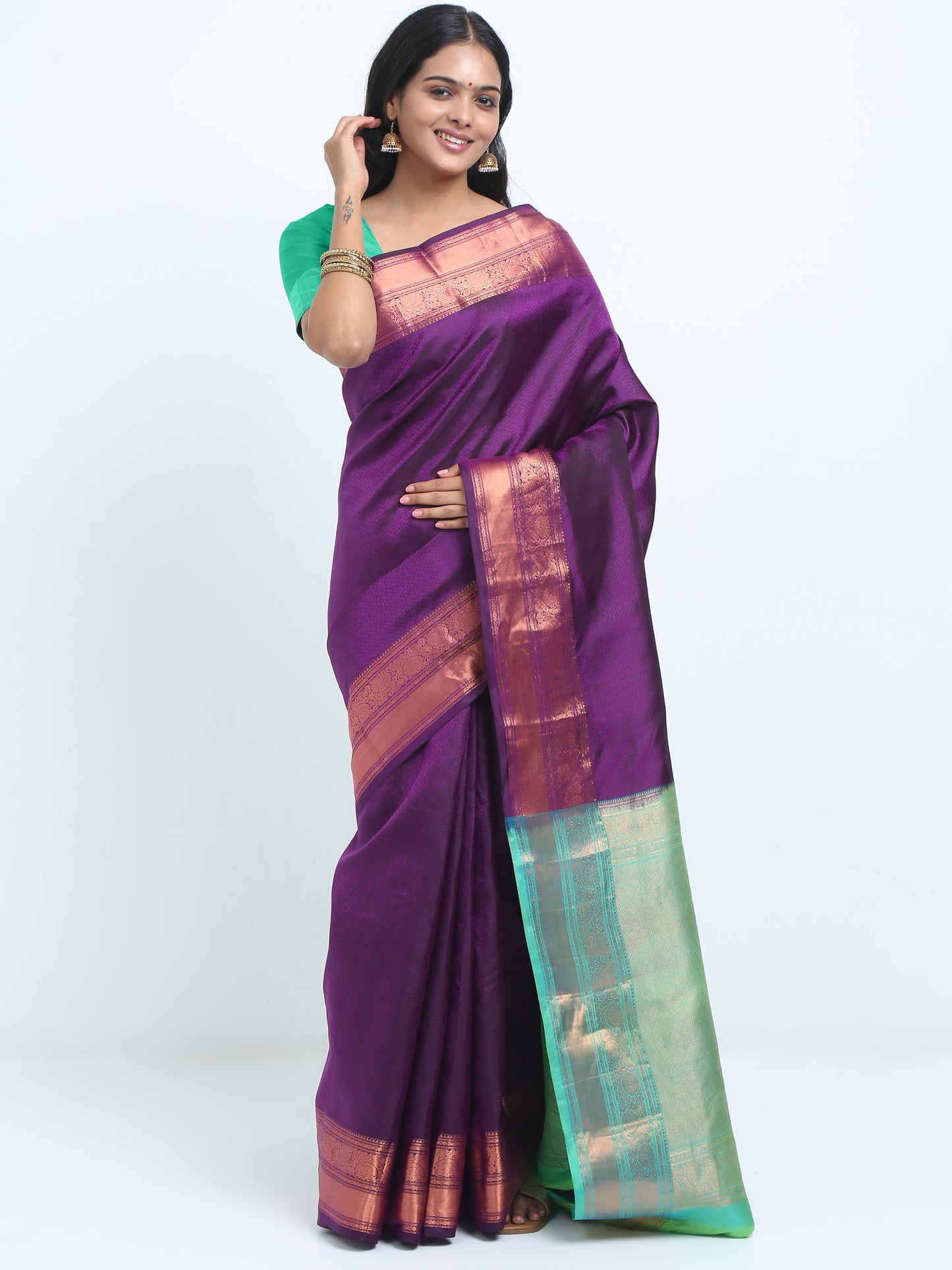 Wine Body With Apple Green Pallu Kanchipuram Pure Silk ( SMS 1 )