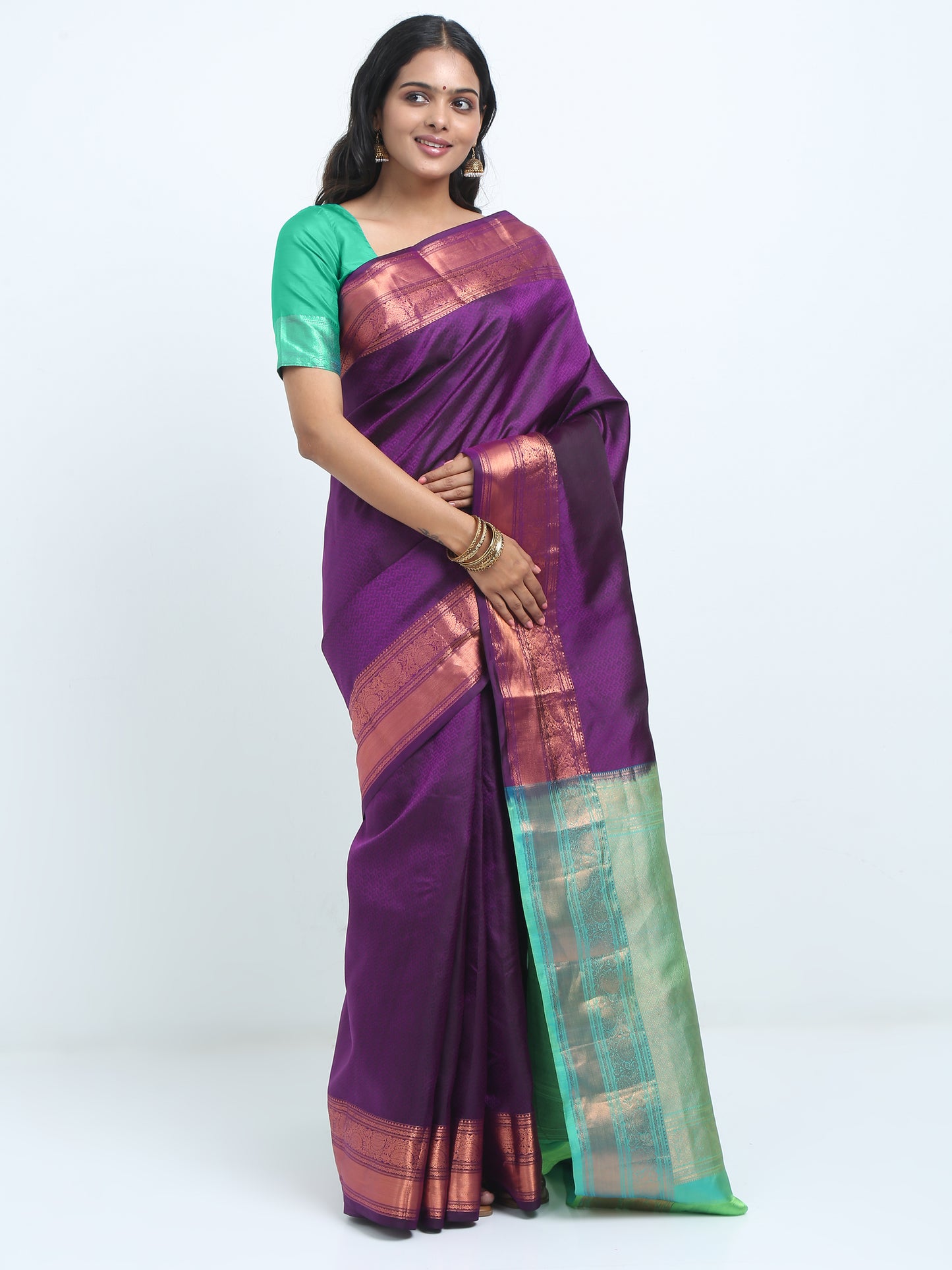 Wine Body With Apple Green Pallu Kanchipuram Pure Silk ( SMS 1 )