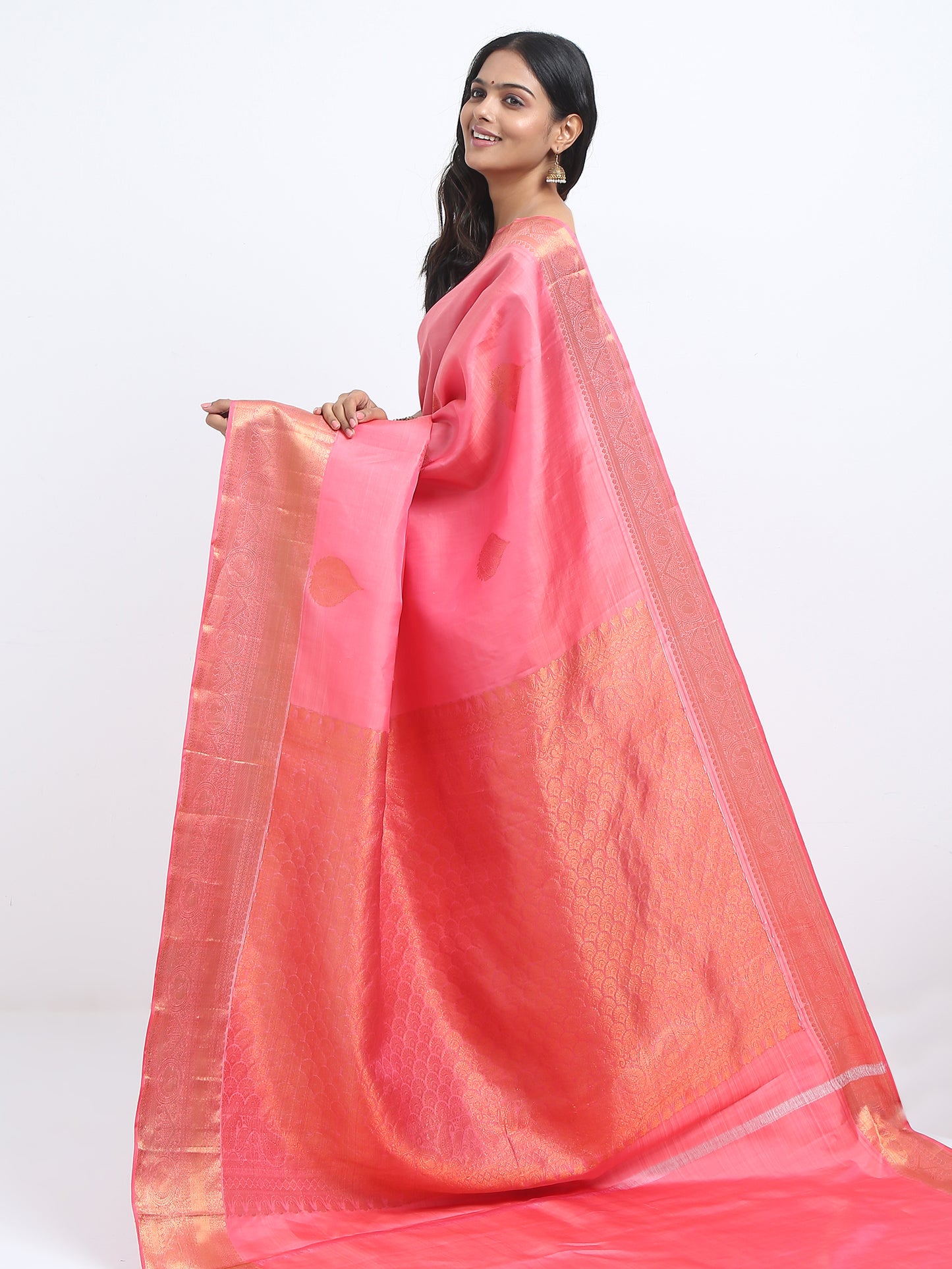 Dual Tone Pink And Peach Body With Pink And Peach Pallu Kanchipuram Pure Silk ( YNG 14C )