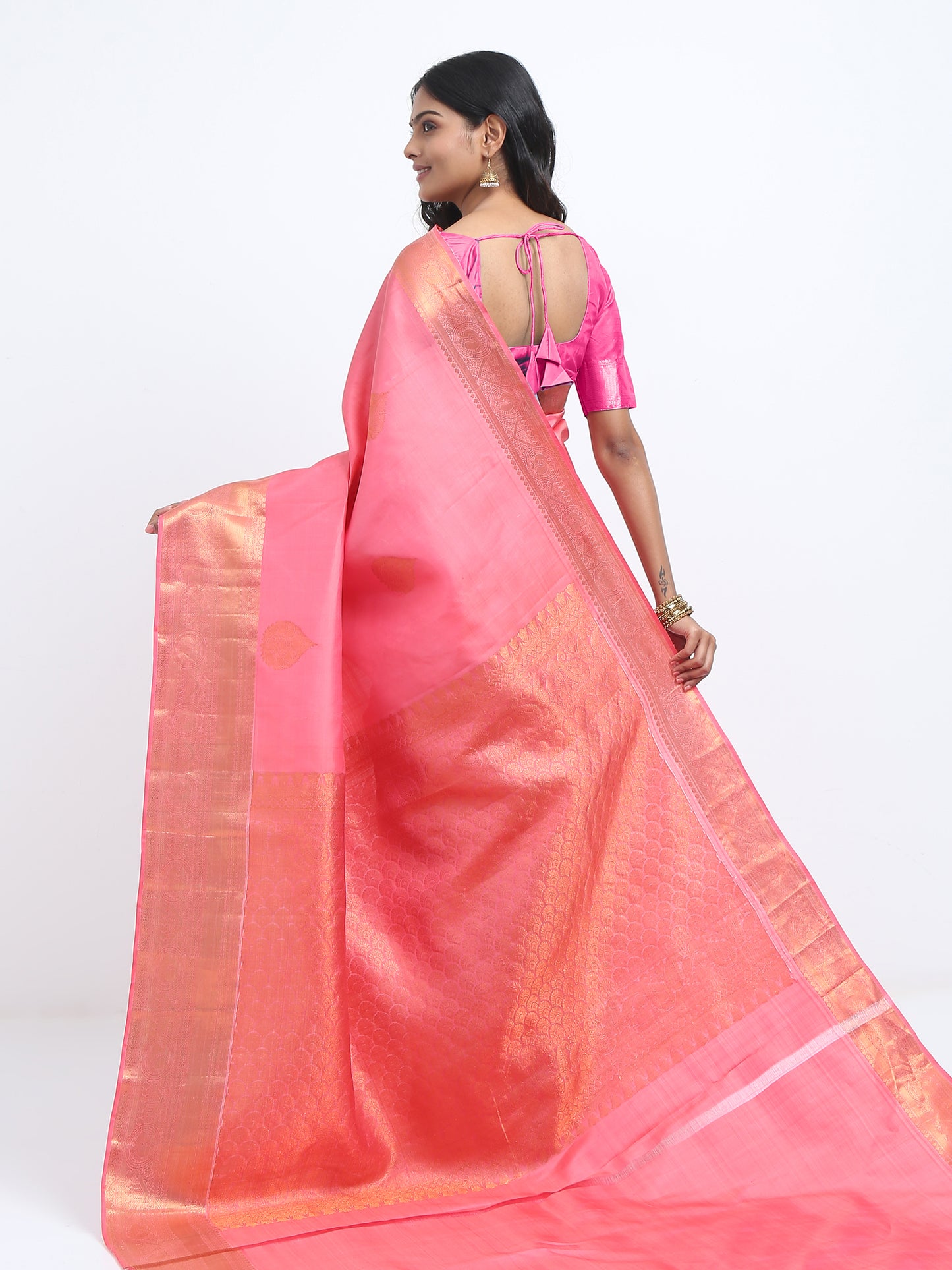 Dual Tone Pink And Peach Body With Pink And Peach Pallu Kanchipuram Pure Silk ( YNG 14C )