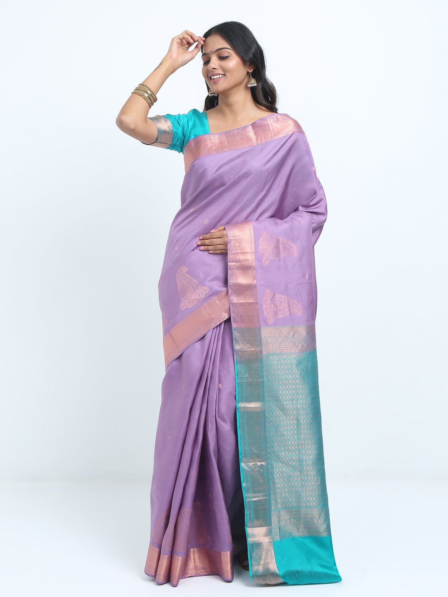 Dual Tone Lavender And Lilac Body With Safaire Green Pallu Kanchipuram Pure Silk ( SMS 35 )