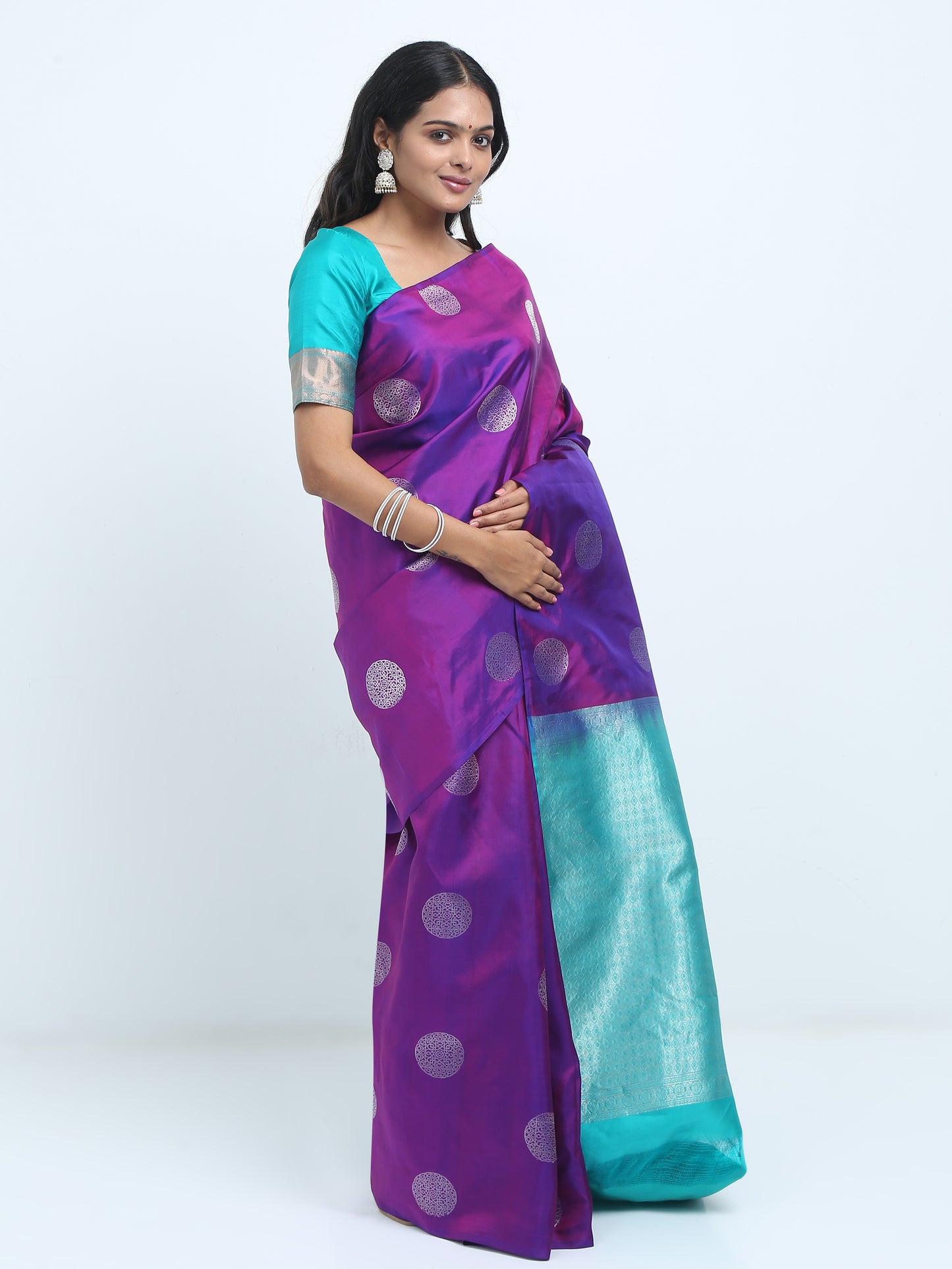 Dual Tone Royal Blue And Majenta Body With Sea Green Pallu Kanchipuram Pure Silk ( SMS 29 )