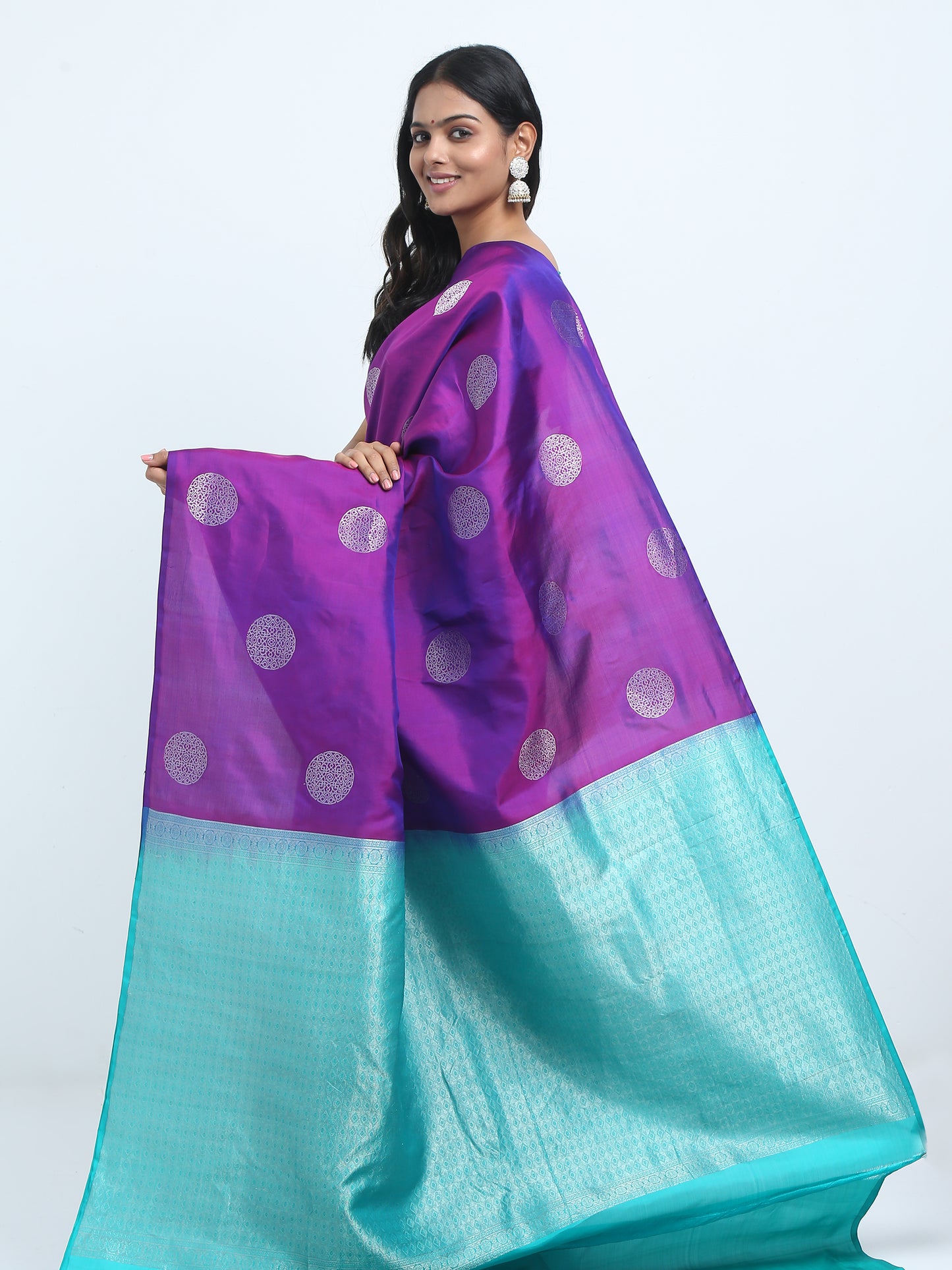 Dual Tone Royal Blue And Majenta Body With Sea Green Pallu Kanchipuram Pure Silk ( SMS 29 )