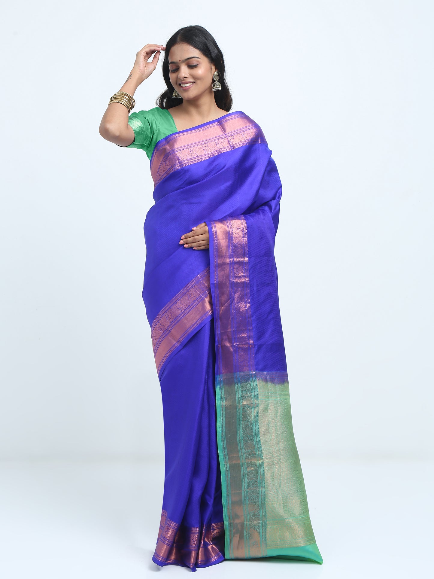 Royal Blue Body With Apple Green Pallu Kanchipuram Pure Silk ( SMS 1 )