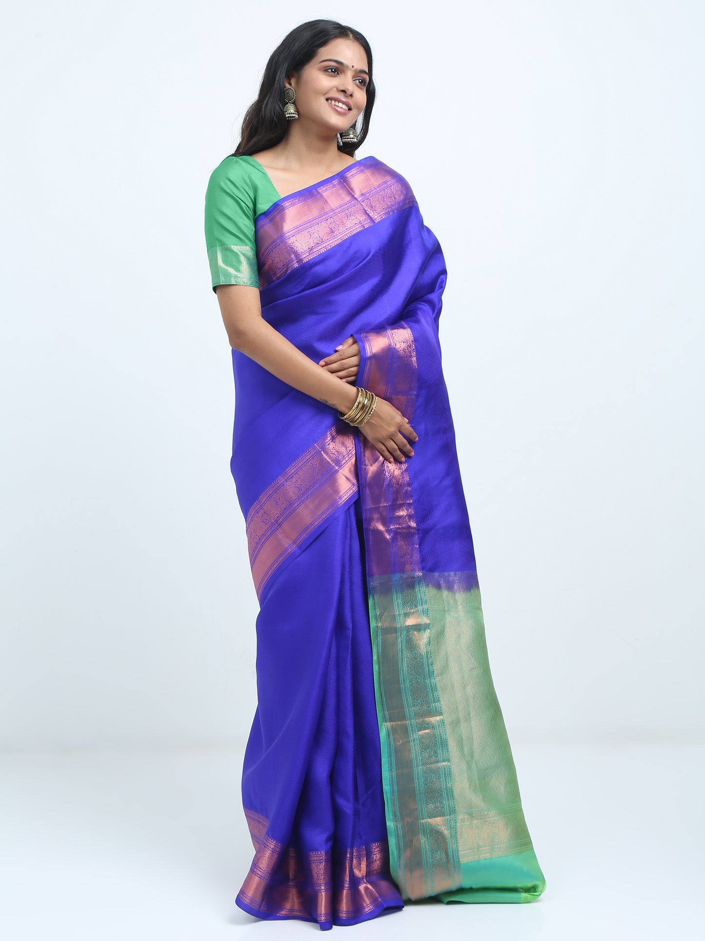 Royal Blue Body With Apple Green Pallu Kanchipuram Pure Silk ( SMS 1 )