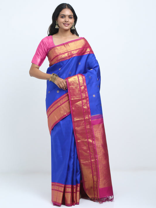 Dark Rani Contrast Border Royal Blue Body With Dark Rani Pallu Kanchipuram Pure Silk ( KSK 1 )