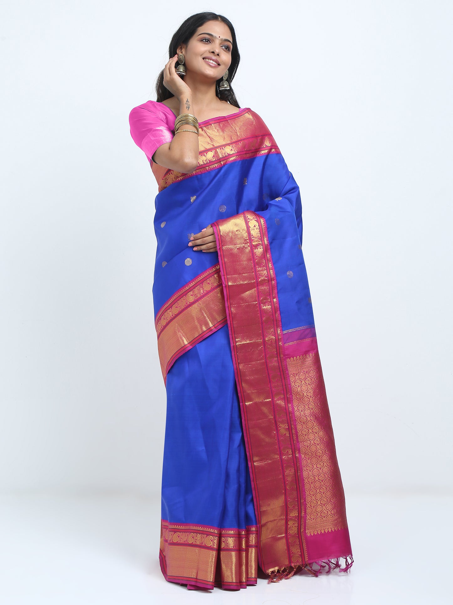Dark Rani Contrast Border Royal Blue Body With Dark Rani Pallu Kanchipuram Pure Silk ( KSK 1 )