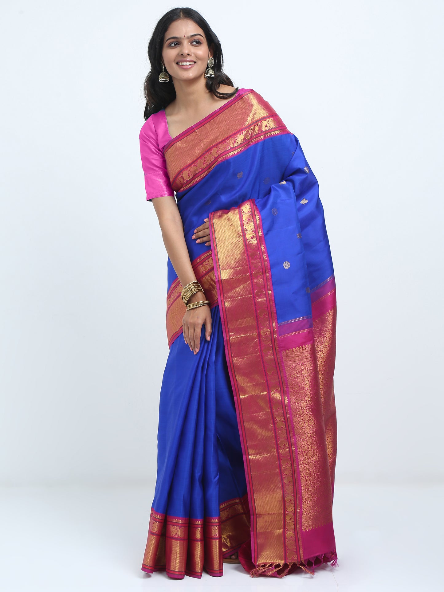 Dark Rani Contrast Border Royal Blue Body With Dark Rani Pallu Kanchipuram Pure Silk ( KSK 1 )