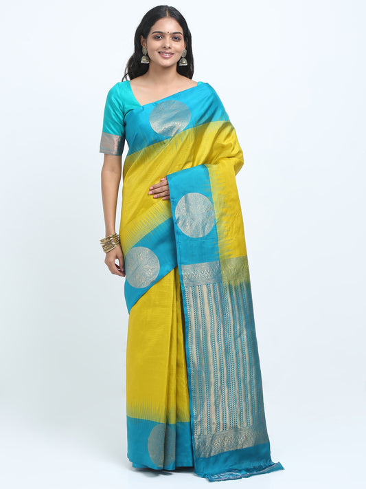 Contrast Safaire Green Border And Lemon Body With Safaire Green Pallu Kanchipuram Pure Silk ( SMS 36 )
