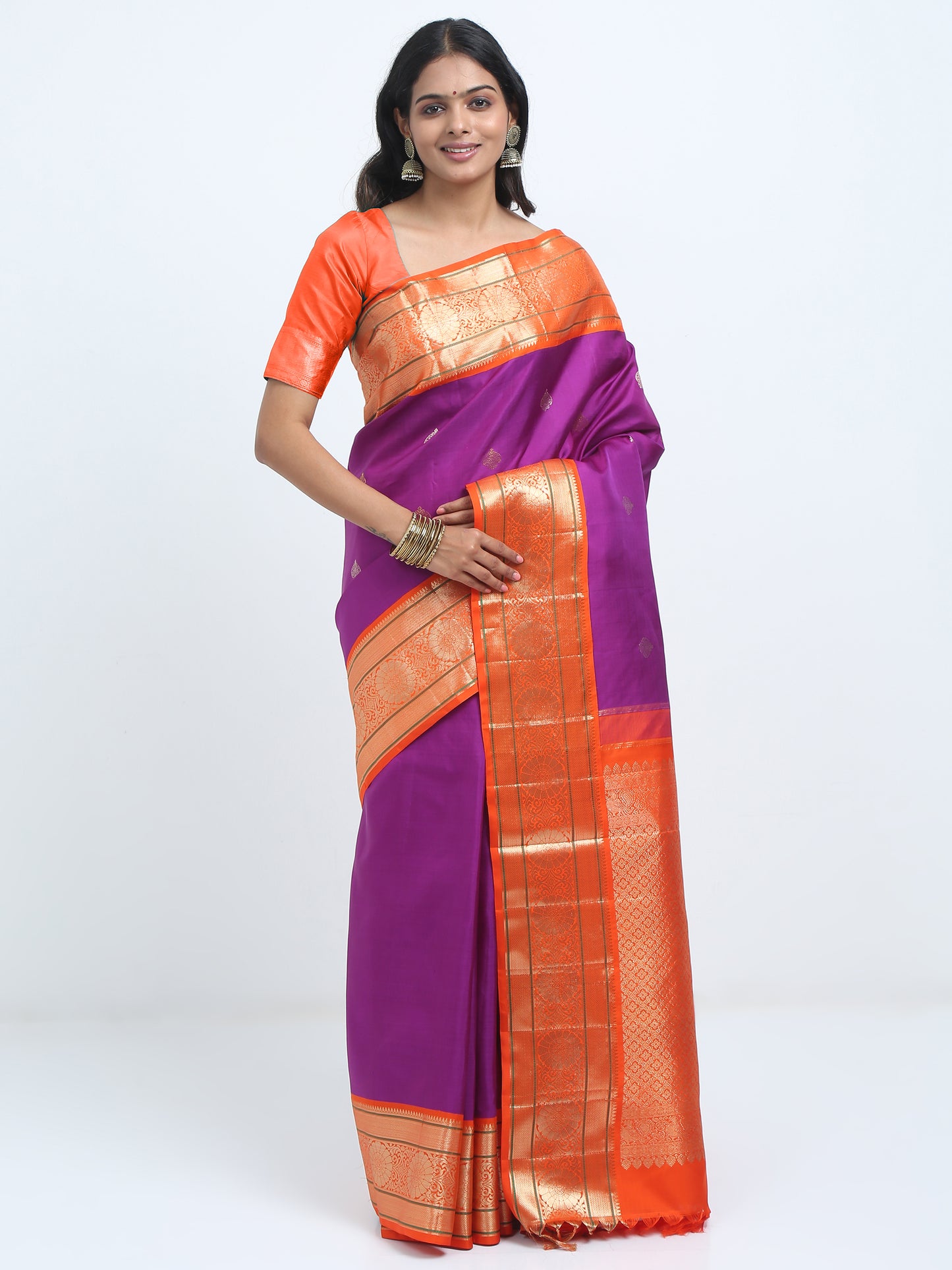 Contrast Orange Border And Majenta Body With Orange Pallu Kanchipuram Pure Silk ( KSK 1 )