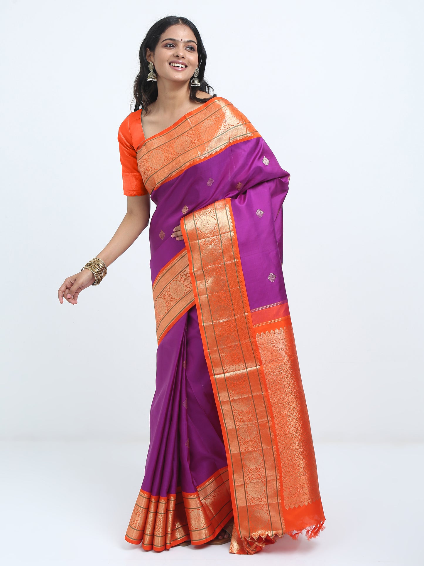 Contrast Orange Border And Majenta Body With Orange Pallu Kanchipuram Pure Silk ( KSK 1 )