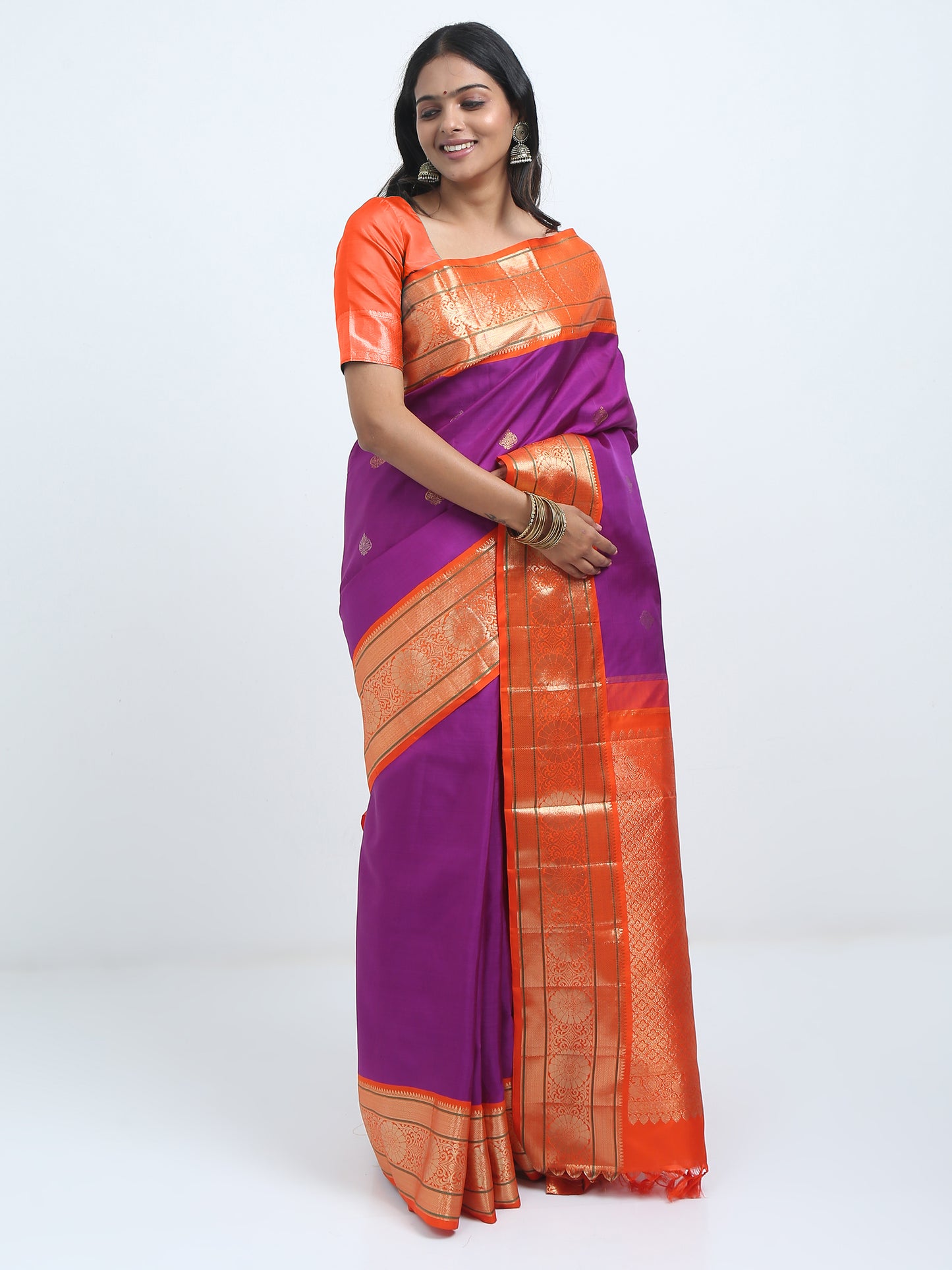 Contrast Orange Border And Majenta Body With Orange Pallu Kanchipuram Pure Silk ( KSK 1 )