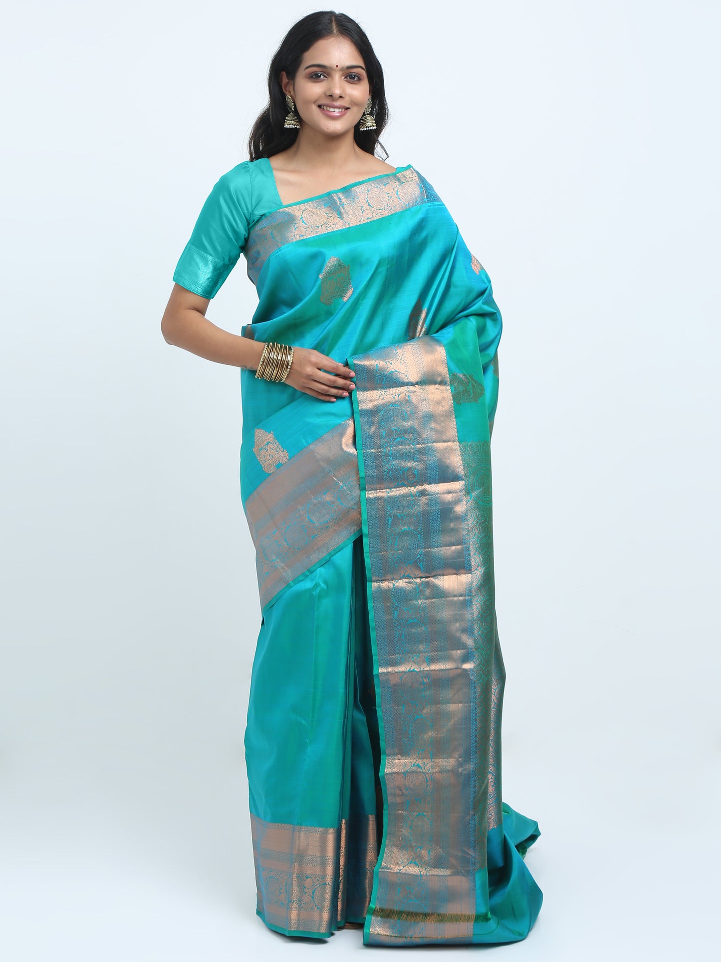 Dual Tone Green And Ananda Blue Body With Green And Ananda Blue Pallu Kanchipuram Pure Silk ( YNG 14 )
