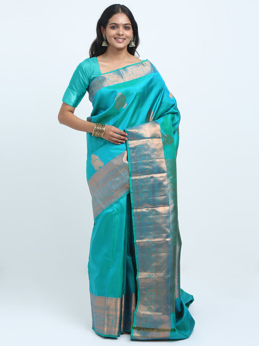 Dual Tone Green And Ananda Blue Body With Green And Ananda Blue Pallu Kanchipuram Pure Silk ( YNG 14 )