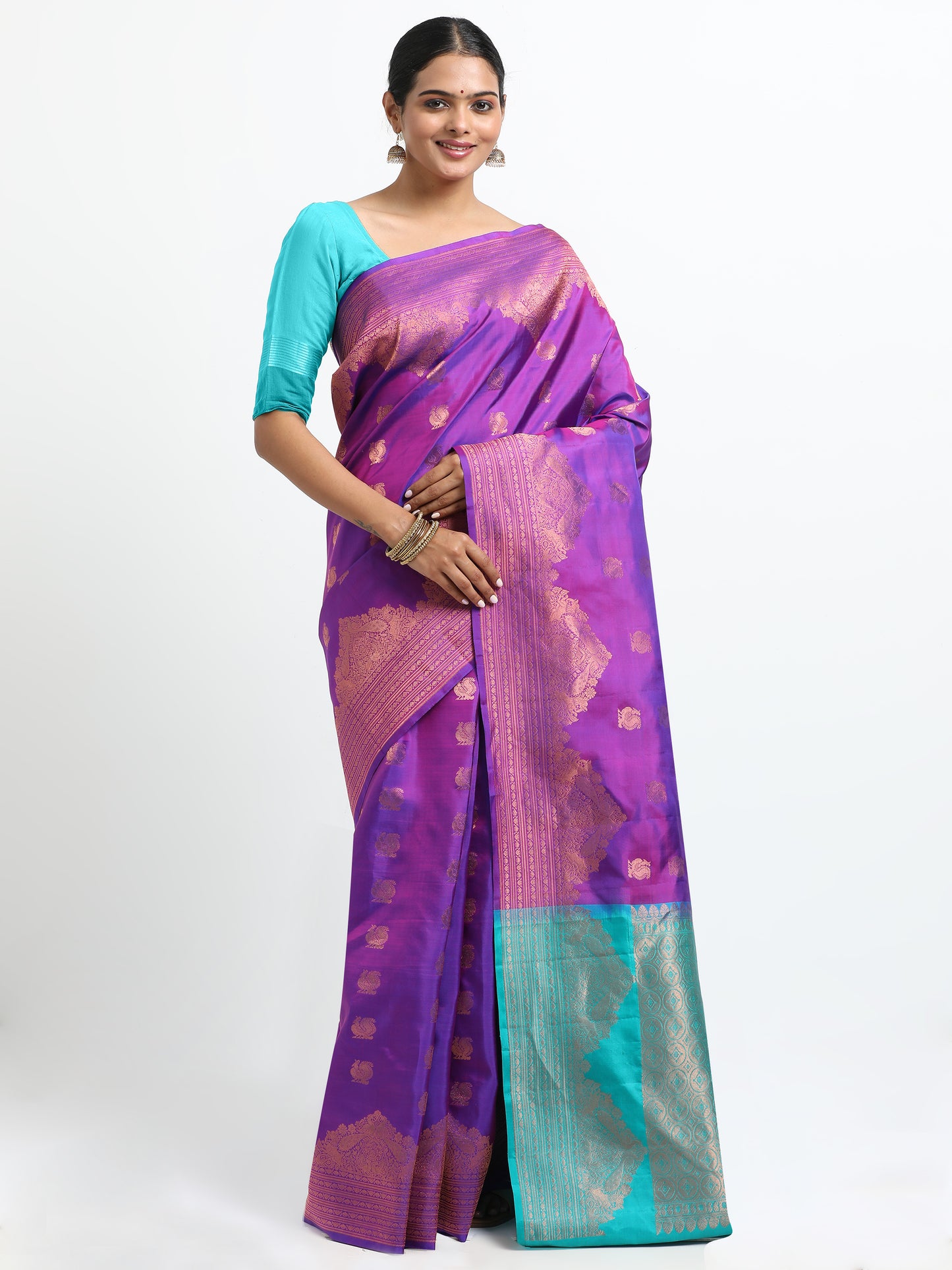 Dual Tone Royal Blue And Rani Tone Body With Sea Green Pallu Kanchipuram Pure Silk ( SMS-22 )