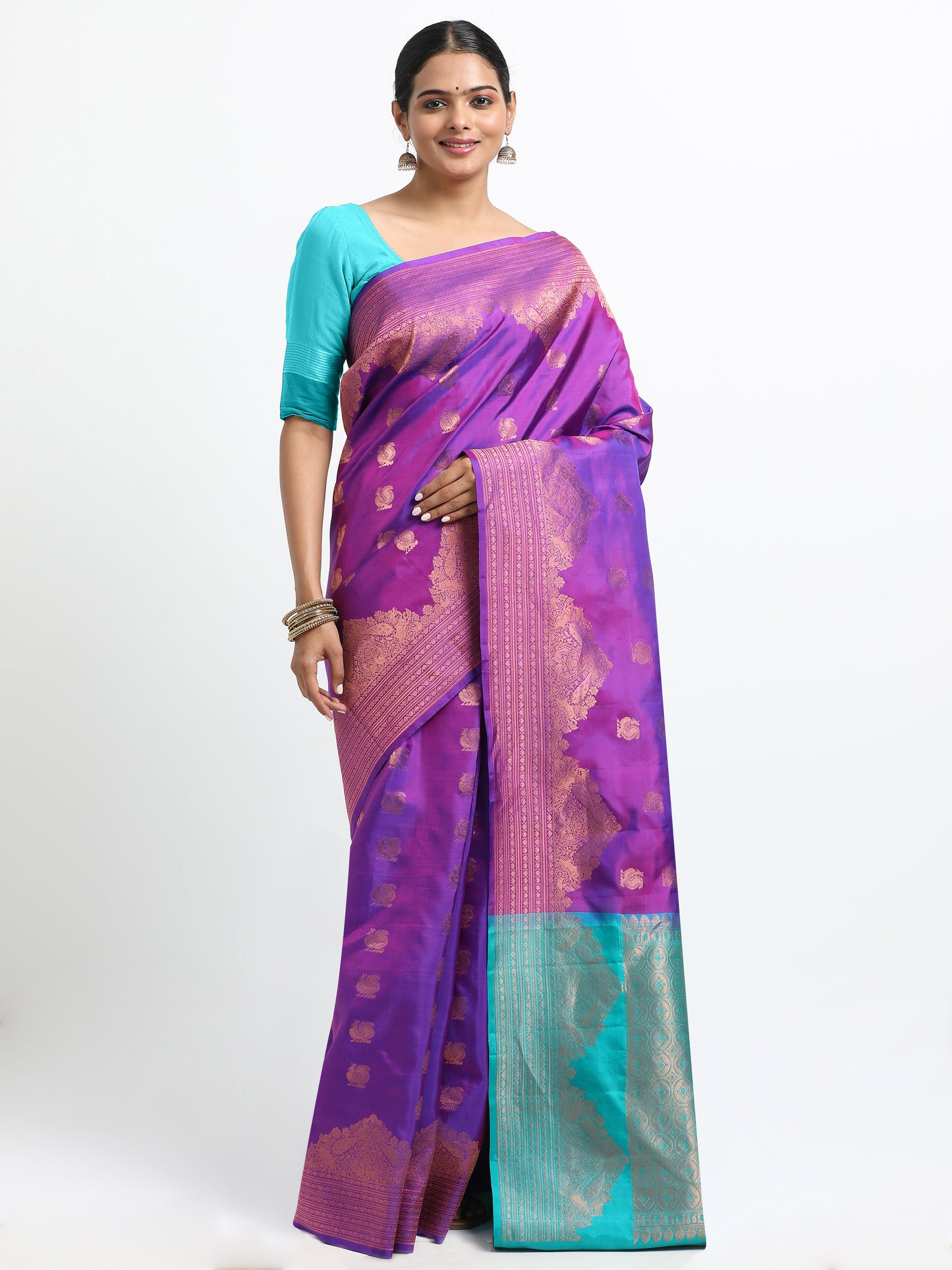 Dual Tone Royal Blue And Rani Tone Body With Sea Green Pallu Kanchipuram Pure Silk ( SMS-22 )
