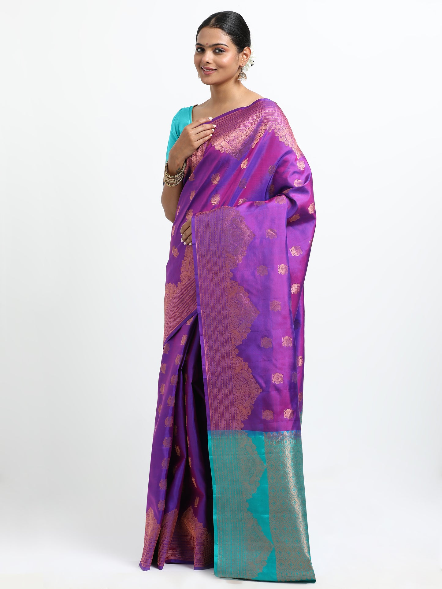 Dual Tone Royal Blue And Rani Tone Body With Sea Green Pallu Kanchipuram Pure Silk ( SMS-22 )