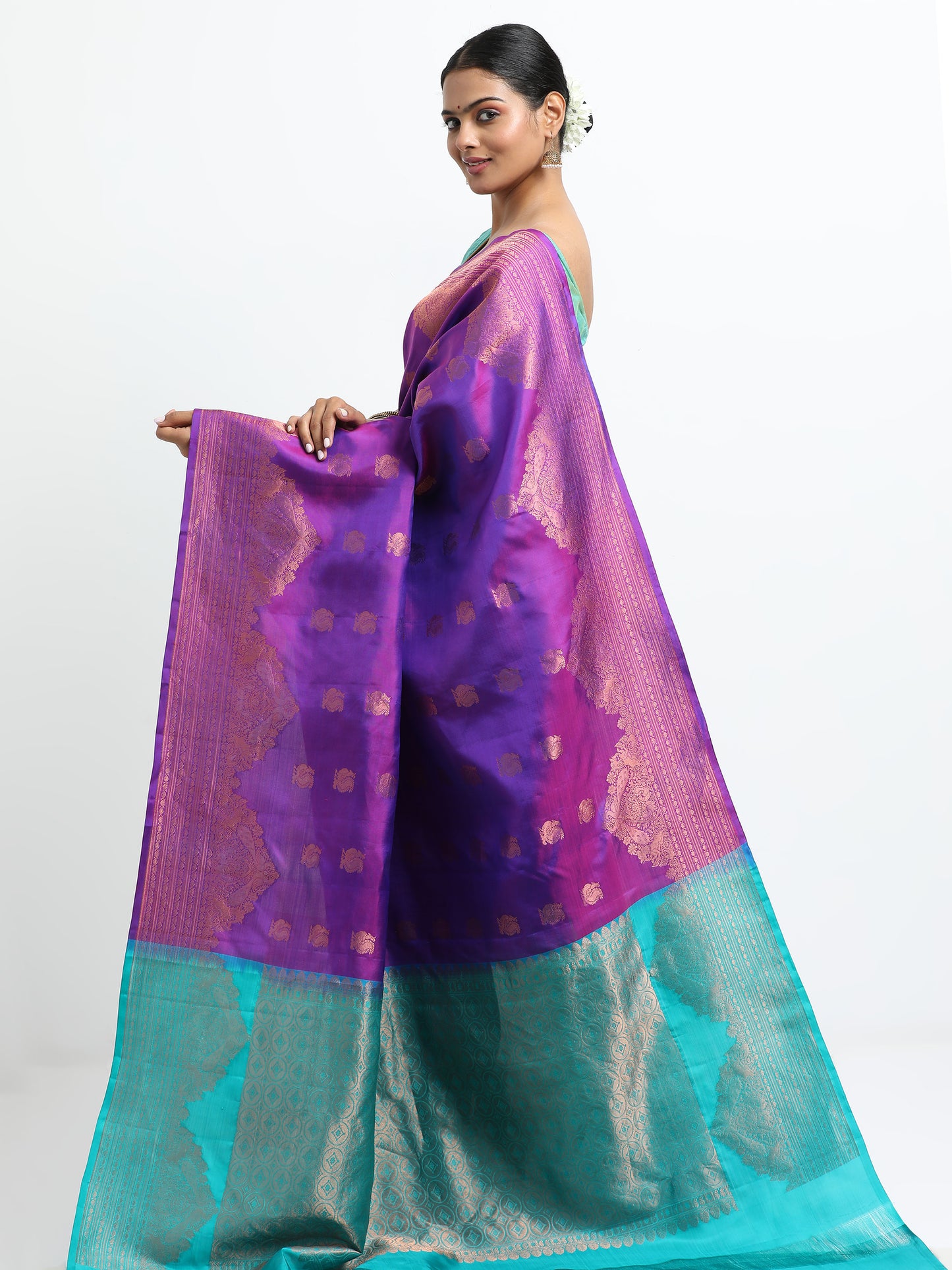 Dual Tone Royal Blue And Rani Tone Body With Sea Green Pallu Kanchipuram Pure Silk ( SMS-22 )