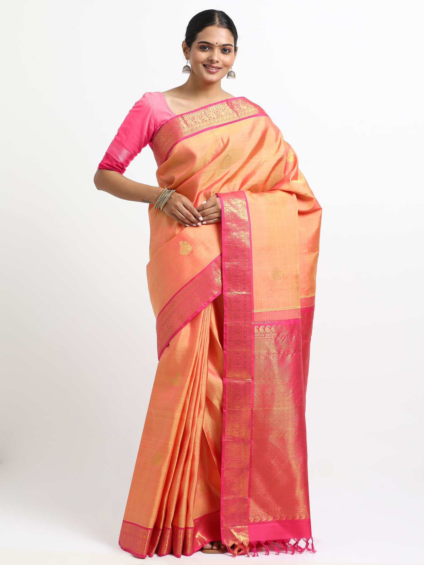 Dual Tone Lemon Yellow And Rani Pink Body With Rani Pink Pallu Kanchipuram Pure Silk ( KSK-4 )