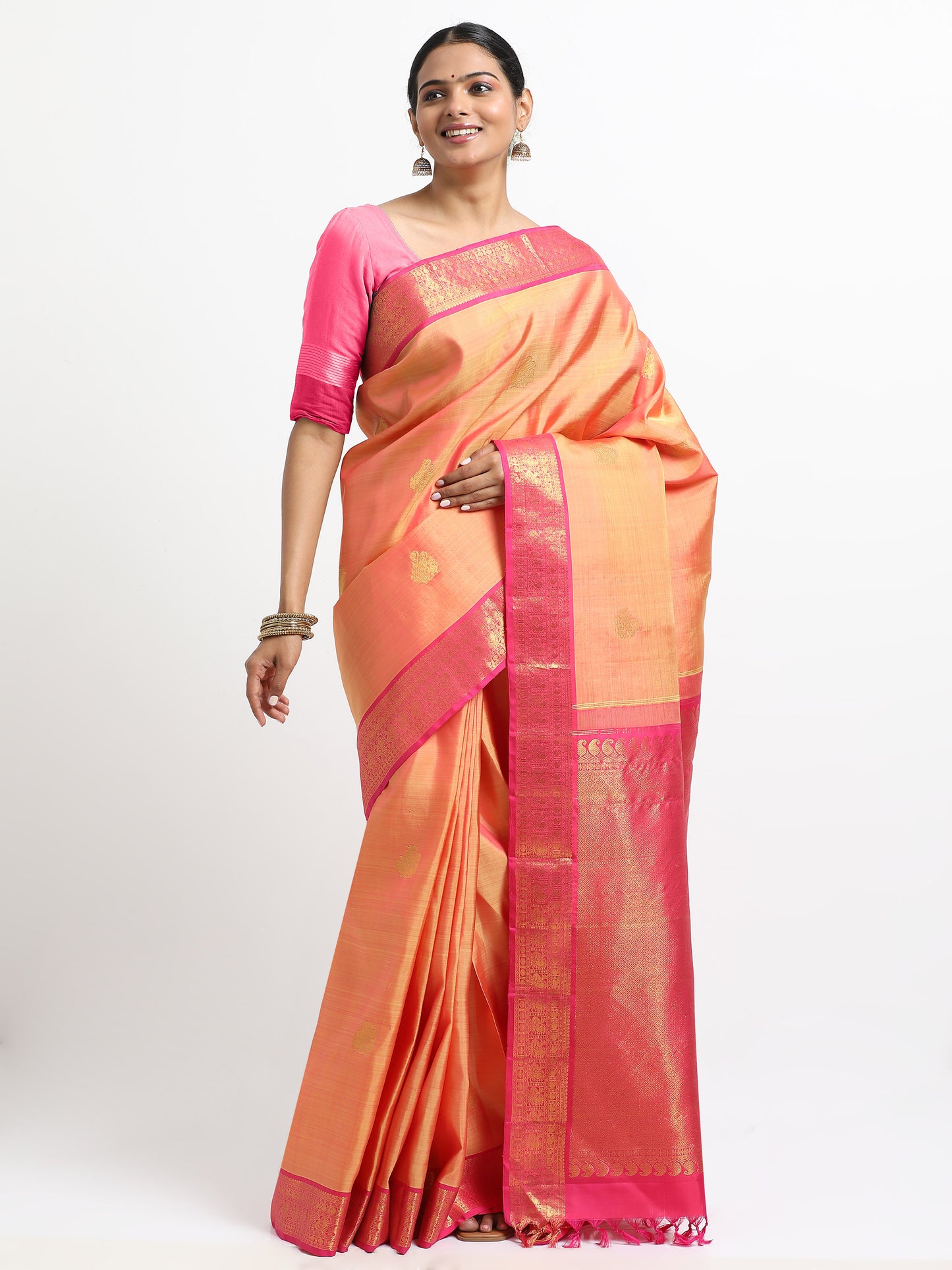 Dual Tone Lemon Yellow And Rani Pink Body With Rani Pink Pallu Kanchipuram Pure Silk ( KSK-4 )