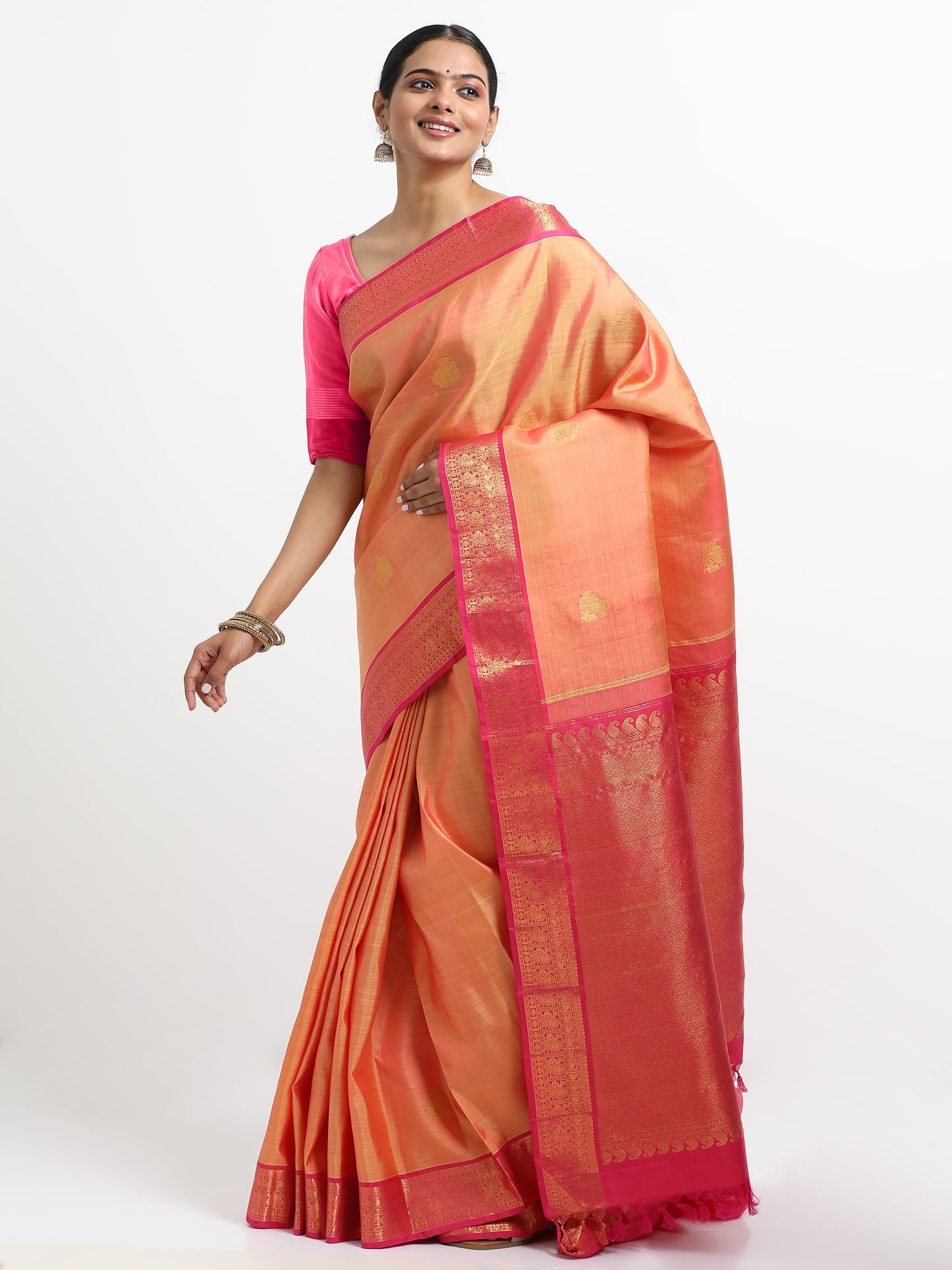 Dual Tone Lemon Yellow And Rani Pink Body With Rani Pink Pallu Kanchipuram Pure Silk ( KSK-4 )