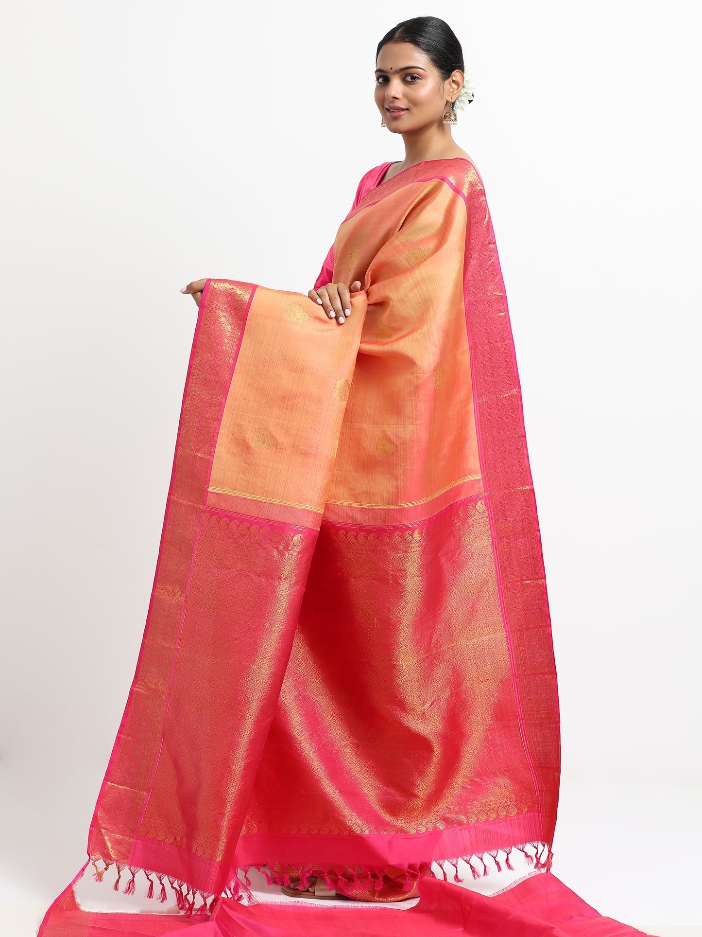 Dual Tone Lemon Yellow And Rani Pink Body With Rani Pink Pallu Kanchipuram Pure Silk ( KSK-4 )