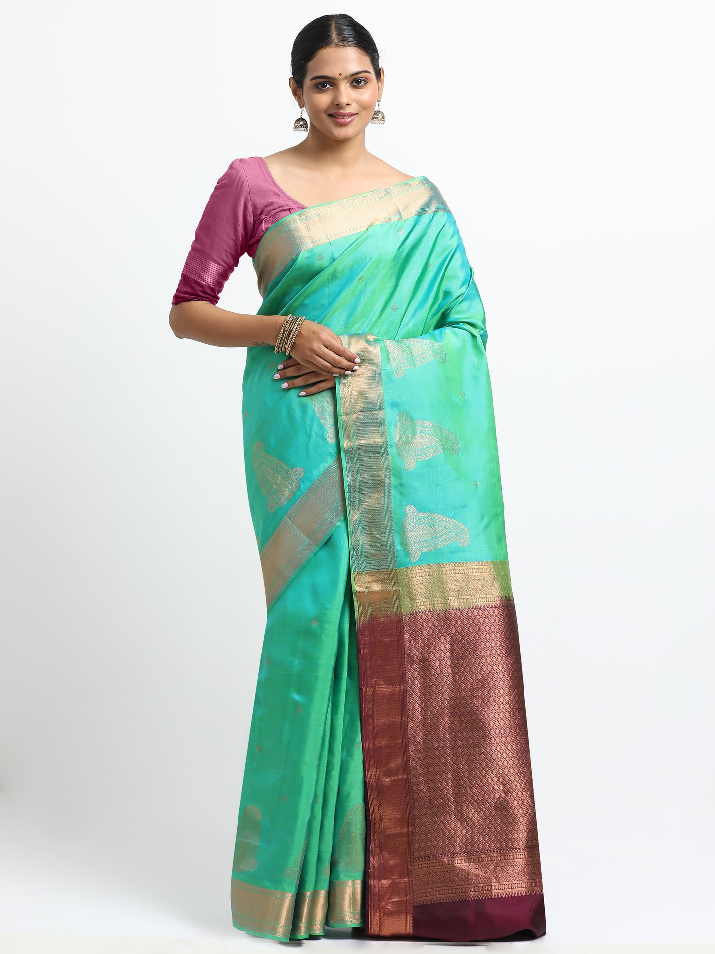 Dual Tone Parrot Green And Ananda Blue Body With Wine Pallu Kanchipuram Pure Silk ( SMS-35 )