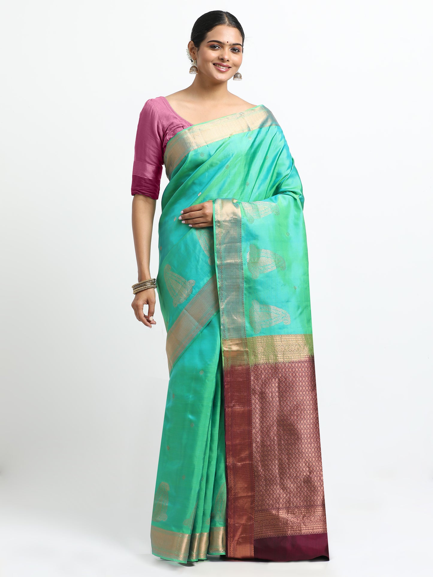 Dual Tone Parrot Green And Ananda Blue Body With Wine Pallu Kanchipuram Pure Silk ( SMS-35 )
