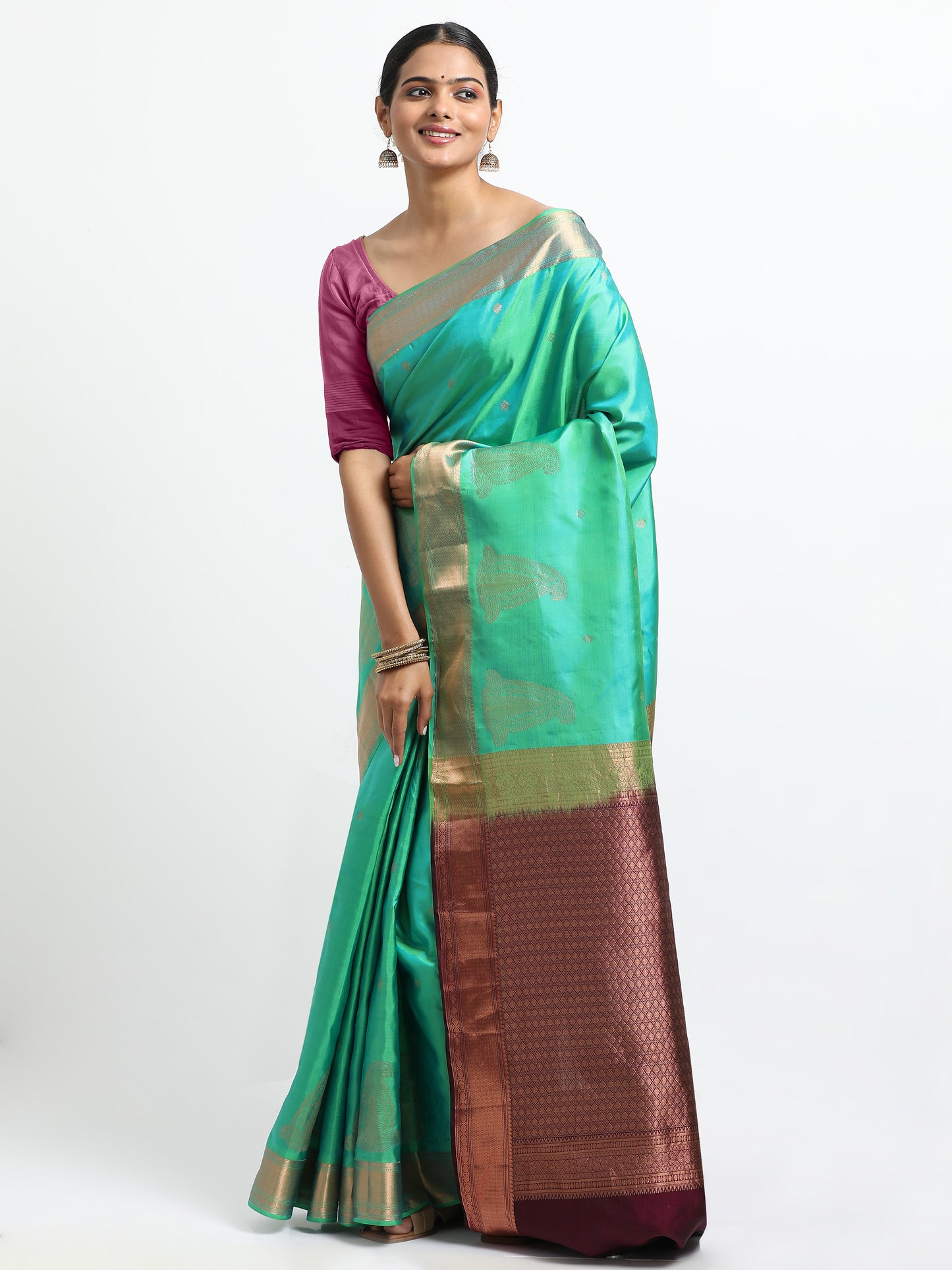 Dual Tone Parrot Green And Ananda Blue Body With Wine Pallu Kanchipuram Pure Silk ( SMS-35 )