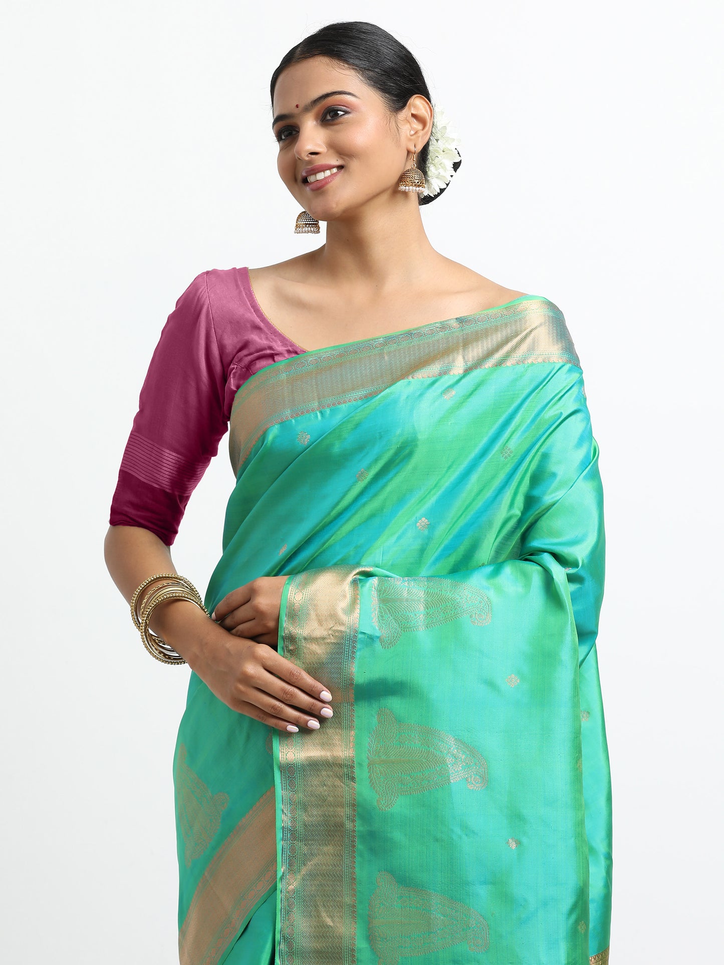 Dual Tone Parrot Green And Ananda Blue Body With Wine Pallu Kanchipuram Pure Silk ( SMS-35 )