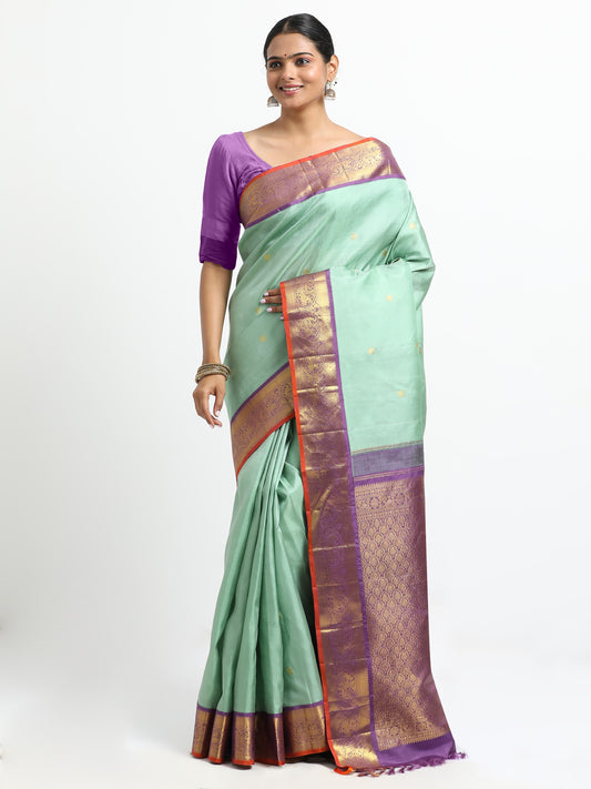 Dual Tone Sea Green And Silver Grey Body With Purple Pallu Kanchipuram Pure Silk ( KSK-3 )