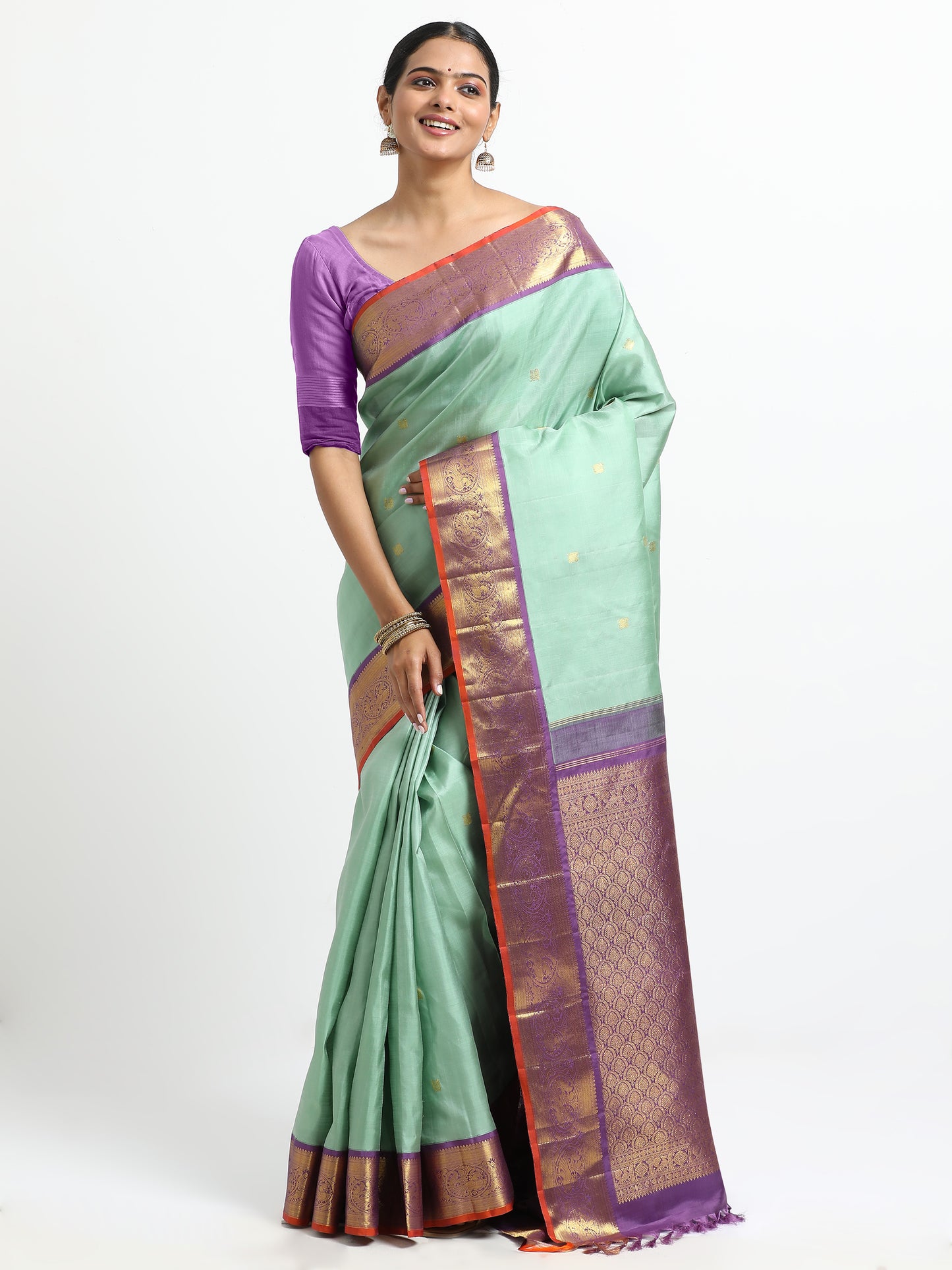 Dual Tone Sea Green And Silver Grey Body With Purple Pallu Kanchipuram Pure Silk ( KSK-3 )