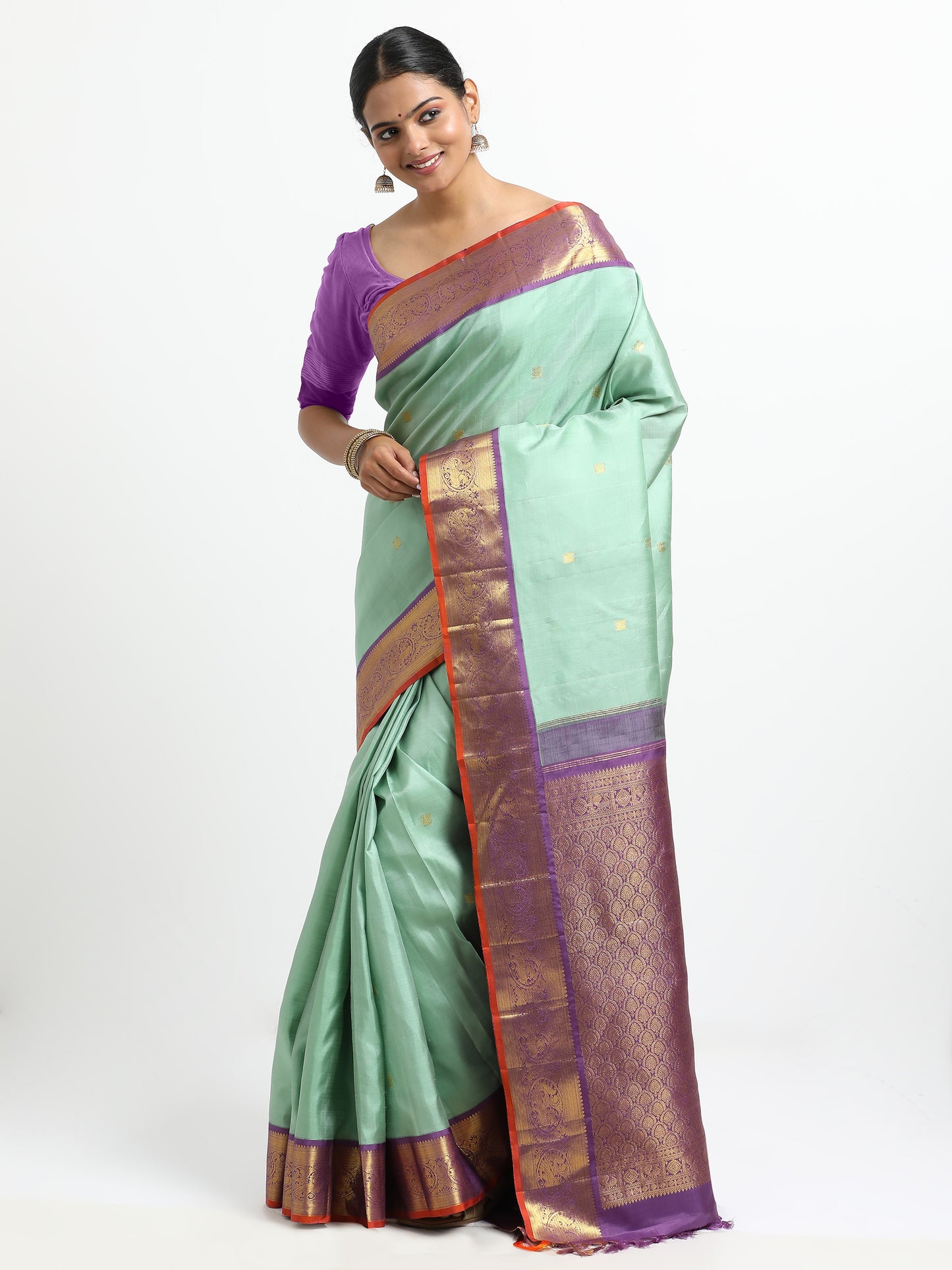 Dual Tone Sea Green And Silver Grey Body With Purple Pallu Kanchipuram Pure Silk ( KSK-3 )