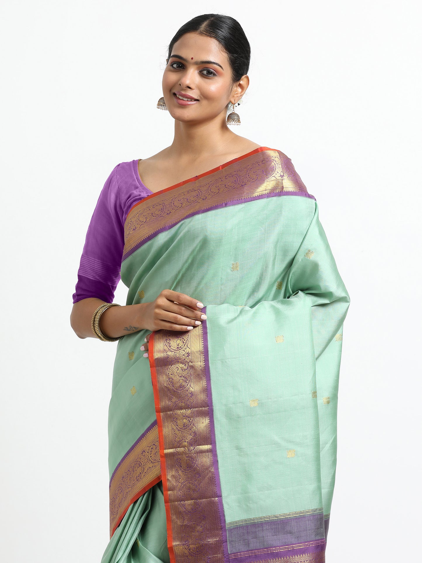 Dual Tone Sea Green And Silver Grey Body With Purple Pallu Kanchipuram Pure Silk ( KSK-3 )