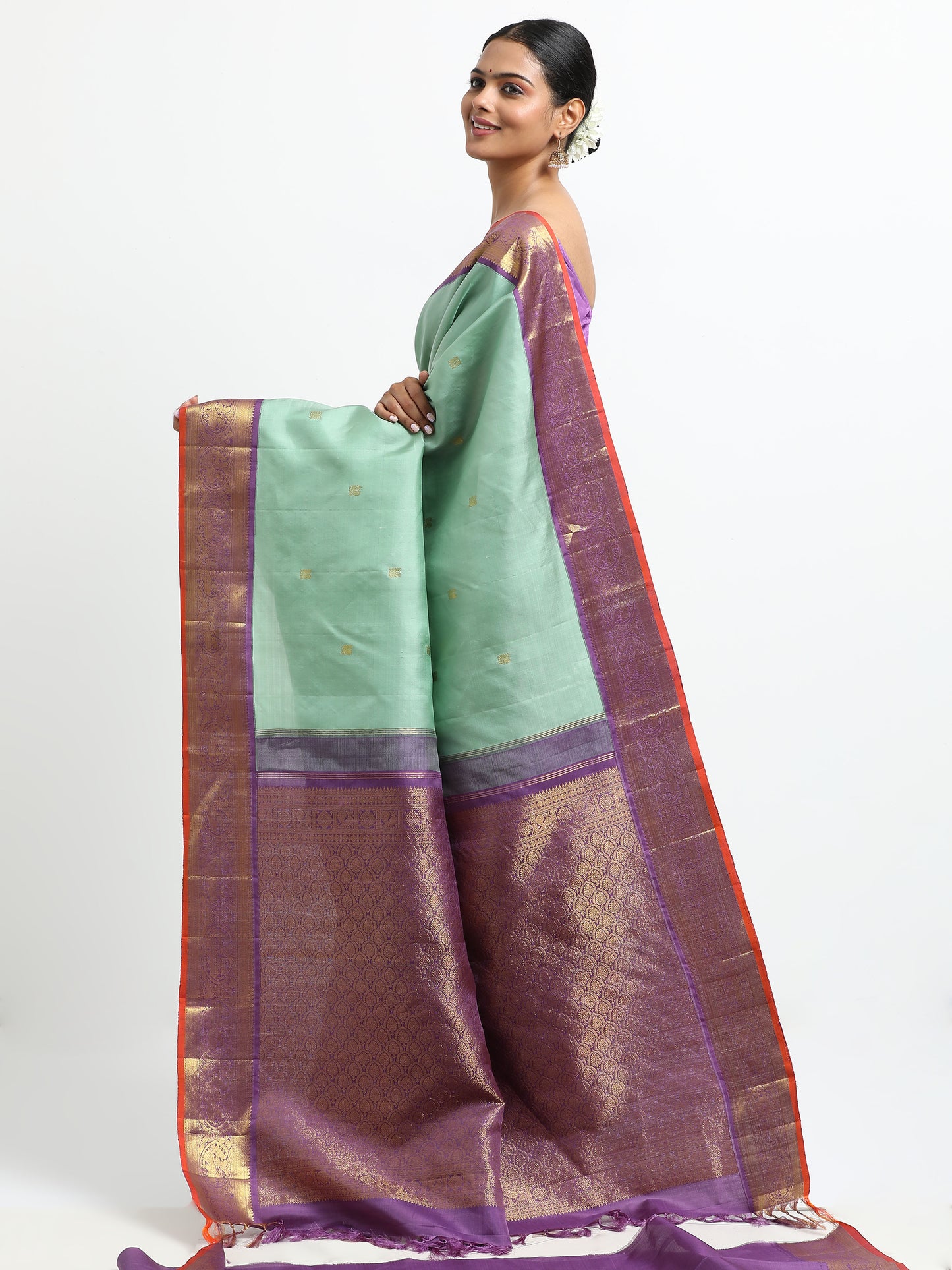 Dual Tone Sea Green And Silver Grey Body With Purple Pallu Kanchipuram Pure Silk ( KSK-3 )