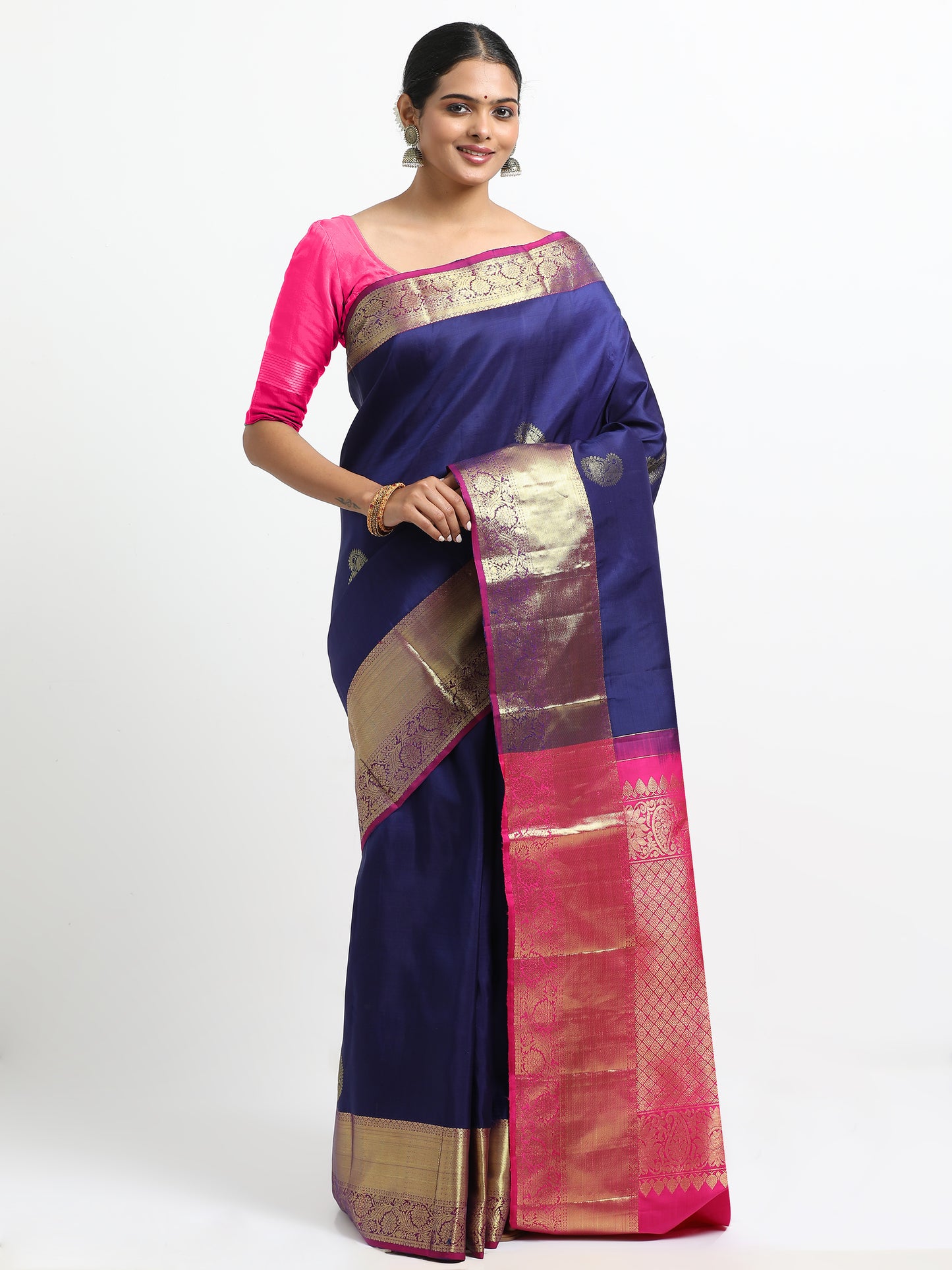 Vibrant Navy Blue Body With Rani Pink Pallu Kanchipuram Pure Silk ( MDP-KN1 )