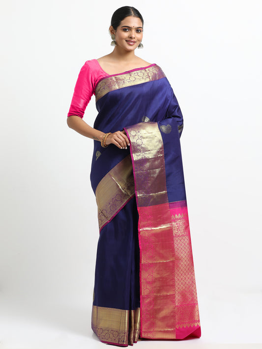 Vibrant Navy Blue Body With Rani Pink Pallu Kanchipuram Pure Silk ( MDP-KN1 )