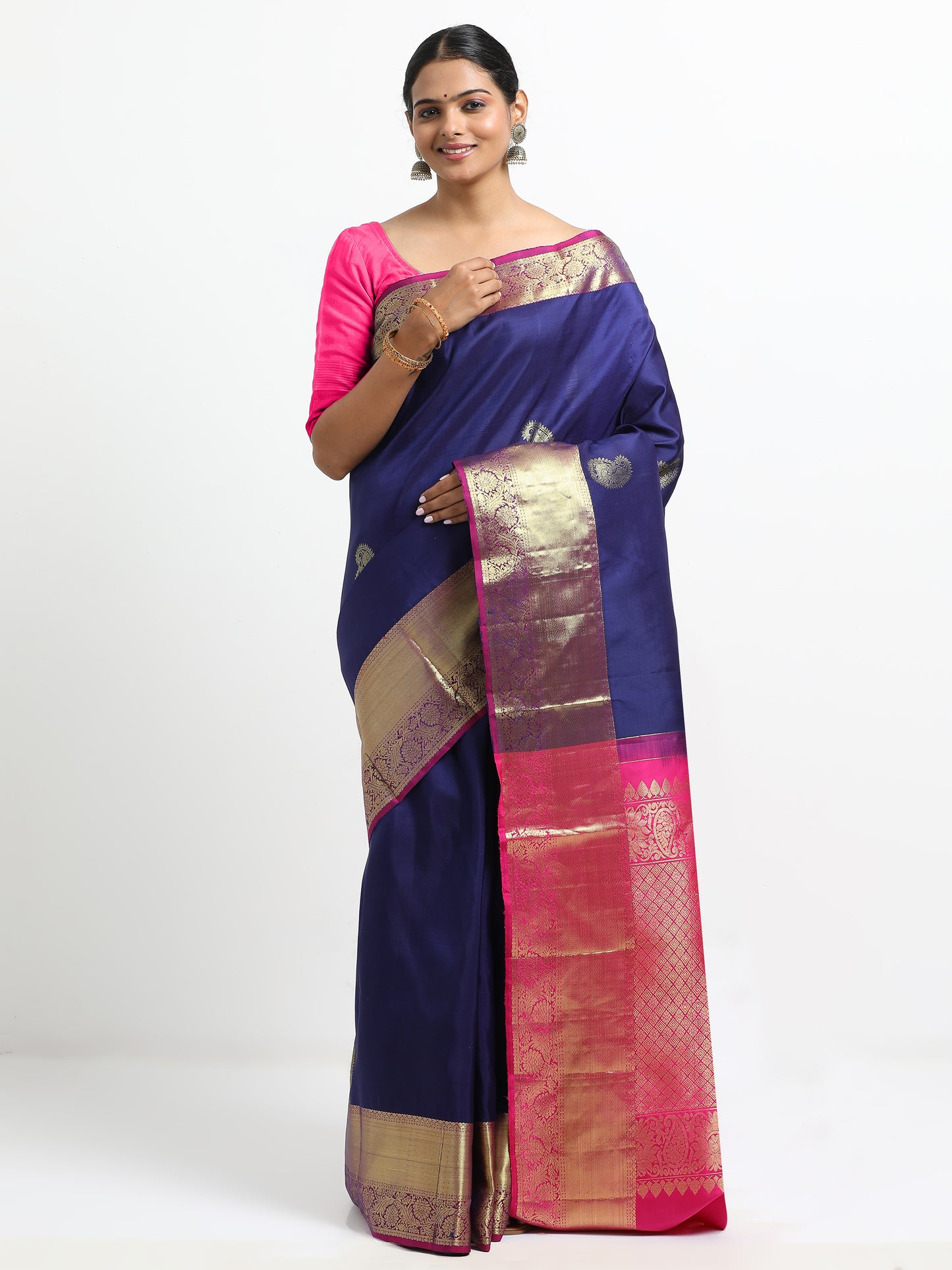 Vibrant Navy Blue Body With Rani Pink Pallu Kanchipuram Pure Silk ( MDP-KN1 )