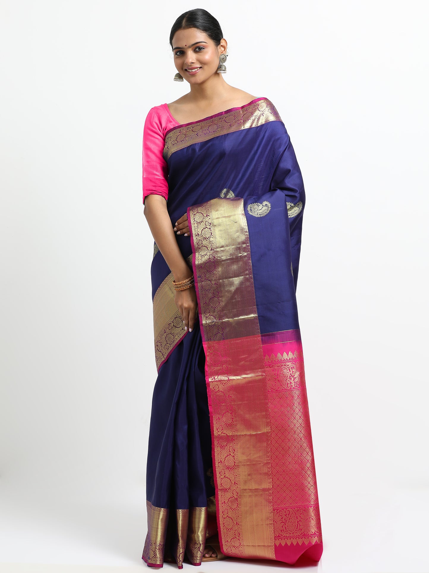 Vibrant Navy Blue Body With Rani Pink Pallu Kanchipuram Pure Silk ( MDP-KN1 )