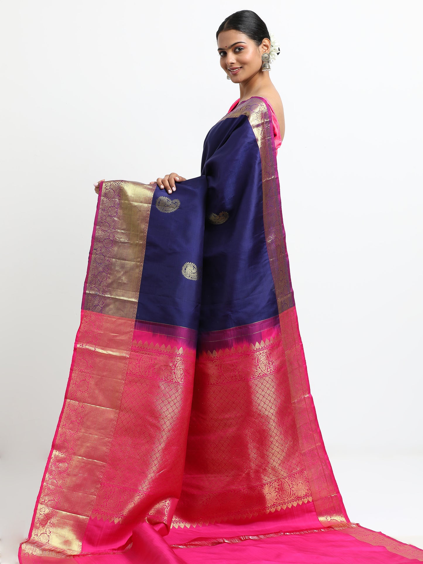 Vibrant Navy Blue Body With Rani Pink Pallu Kanchipuram Pure Silk ( MDP-KN1 )